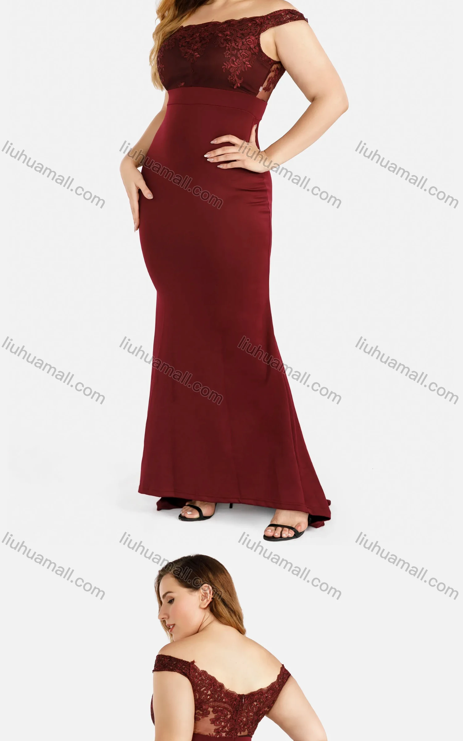 Wholesale Women's Fashion Off Shoulder Plain Embroidered Splicing Zip Back Lace Appliques Mermaid Evening Dress - Liuhuamall