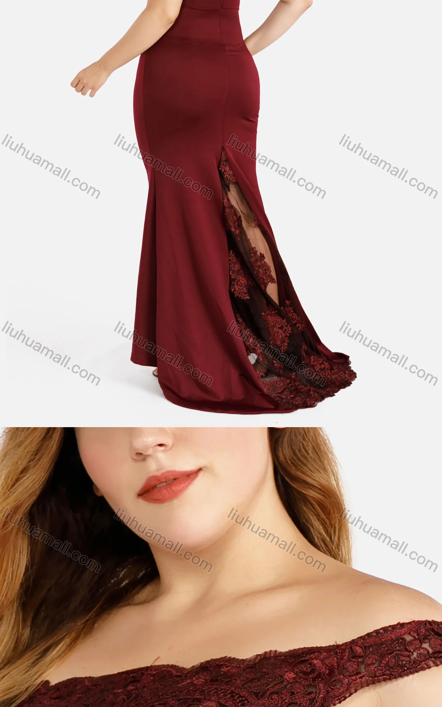 Wholesale Women's Fashion Off Shoulder Plain Embroidered Splicing Zip Back Lace Appliques Mermaid Evening Dress - Liuhuamall