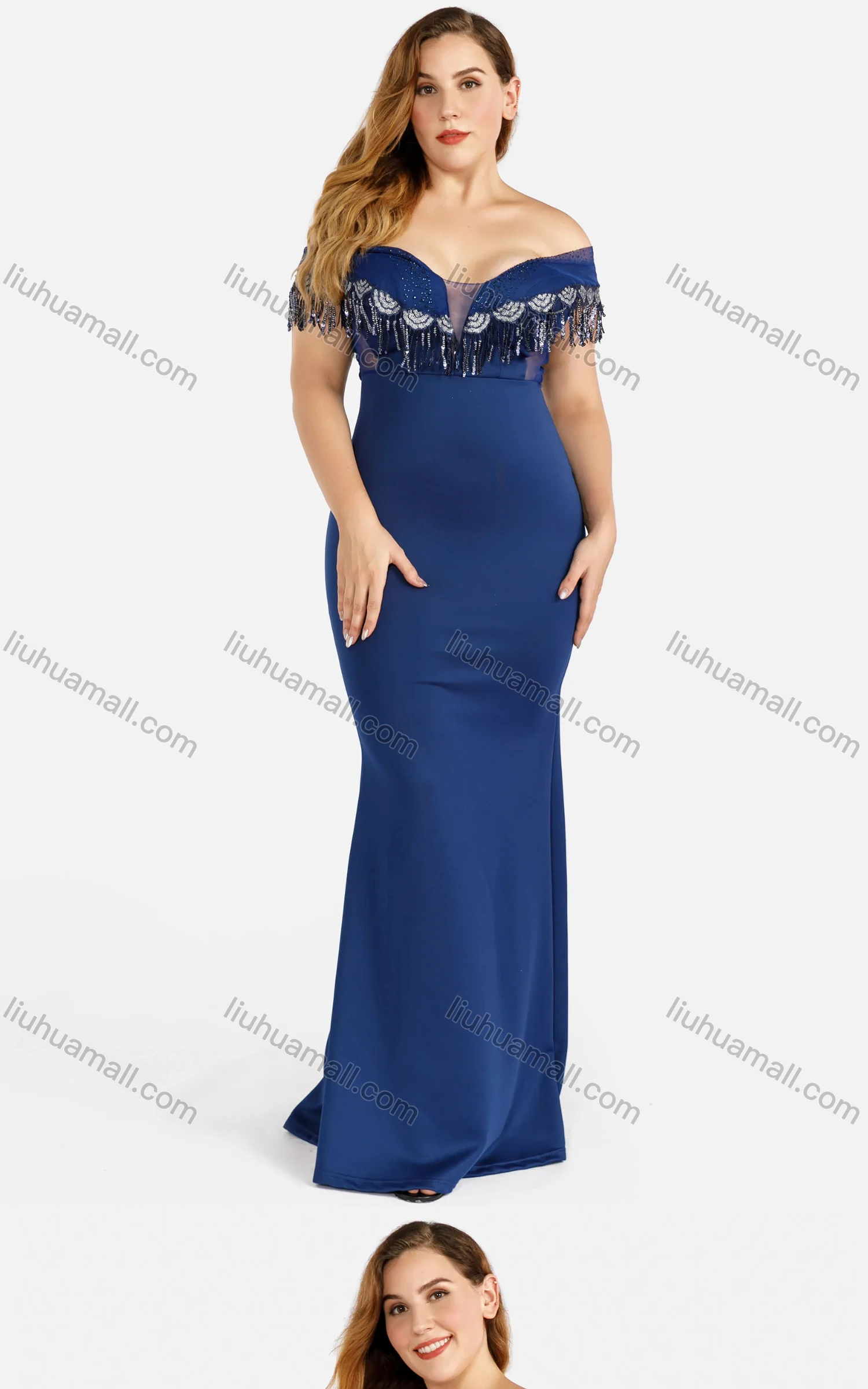 Wholesale Women's Elegant Off Shoulder Splicing Mesh Zip Back Rhinestone Sequin Fringe Glitter Mermaid Evening Dress - Liuhuamall