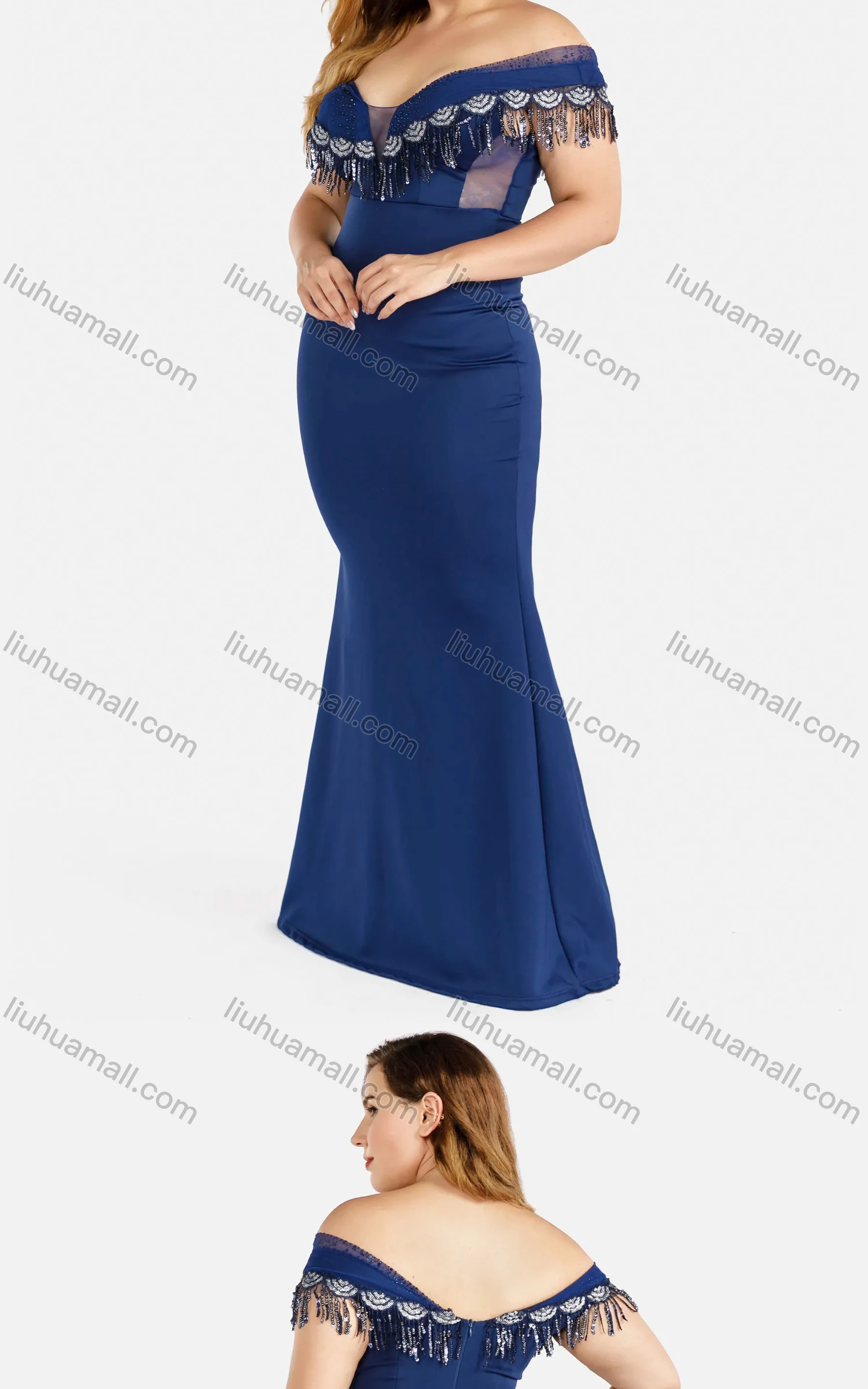 Wholesale Women's Elegant Off Shoulder Splicing Mesh Zip Back Rhinestone Sequin Fringe Glitter Mermaid Evening Dress - Liuhuamall