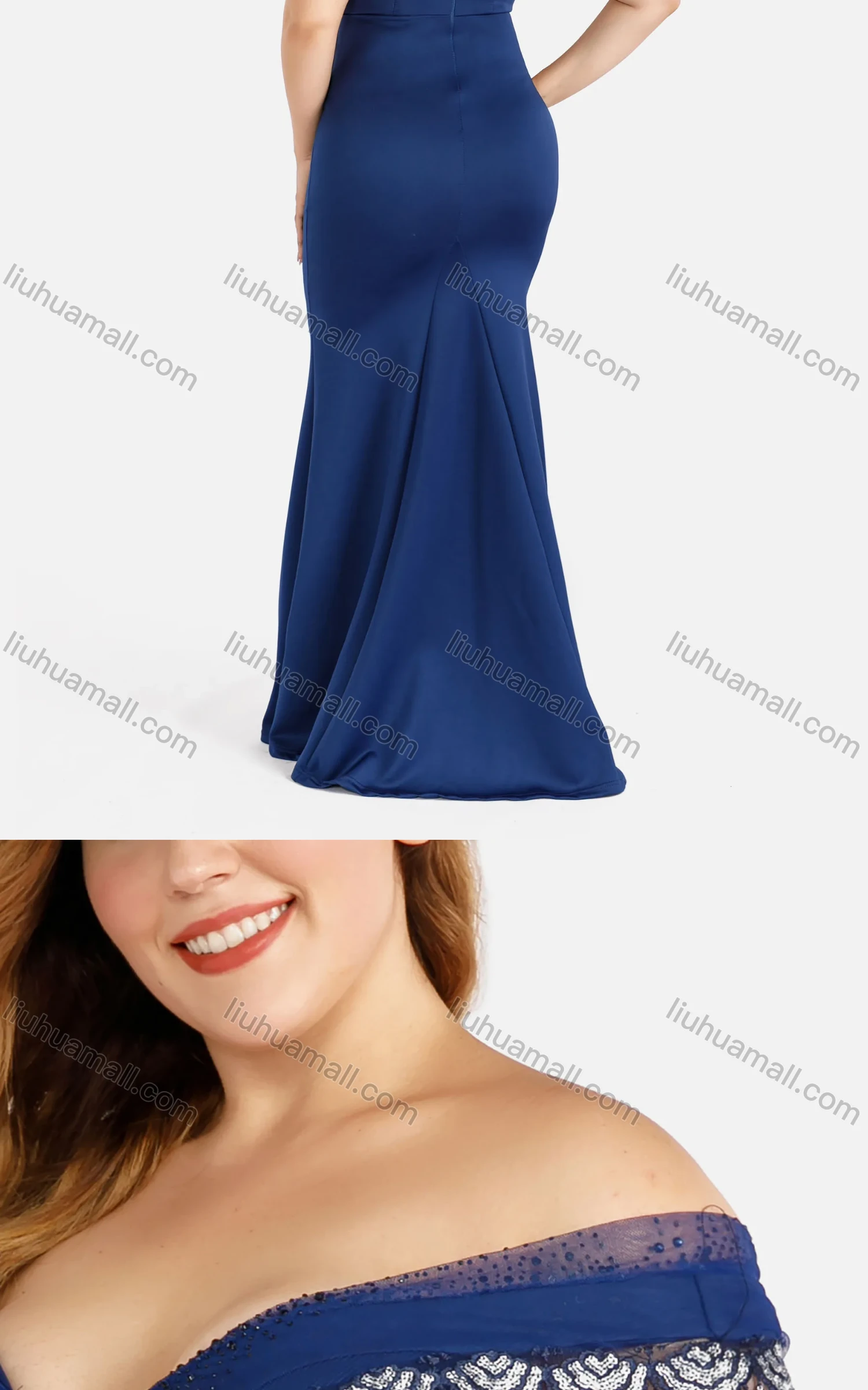 Wholesale Women's Elegant Off Shoulder Splicing Mesh Zip Back Rhinestone Sequin Fringe Glitter Mermaid Evening Dress - Liuhuamall