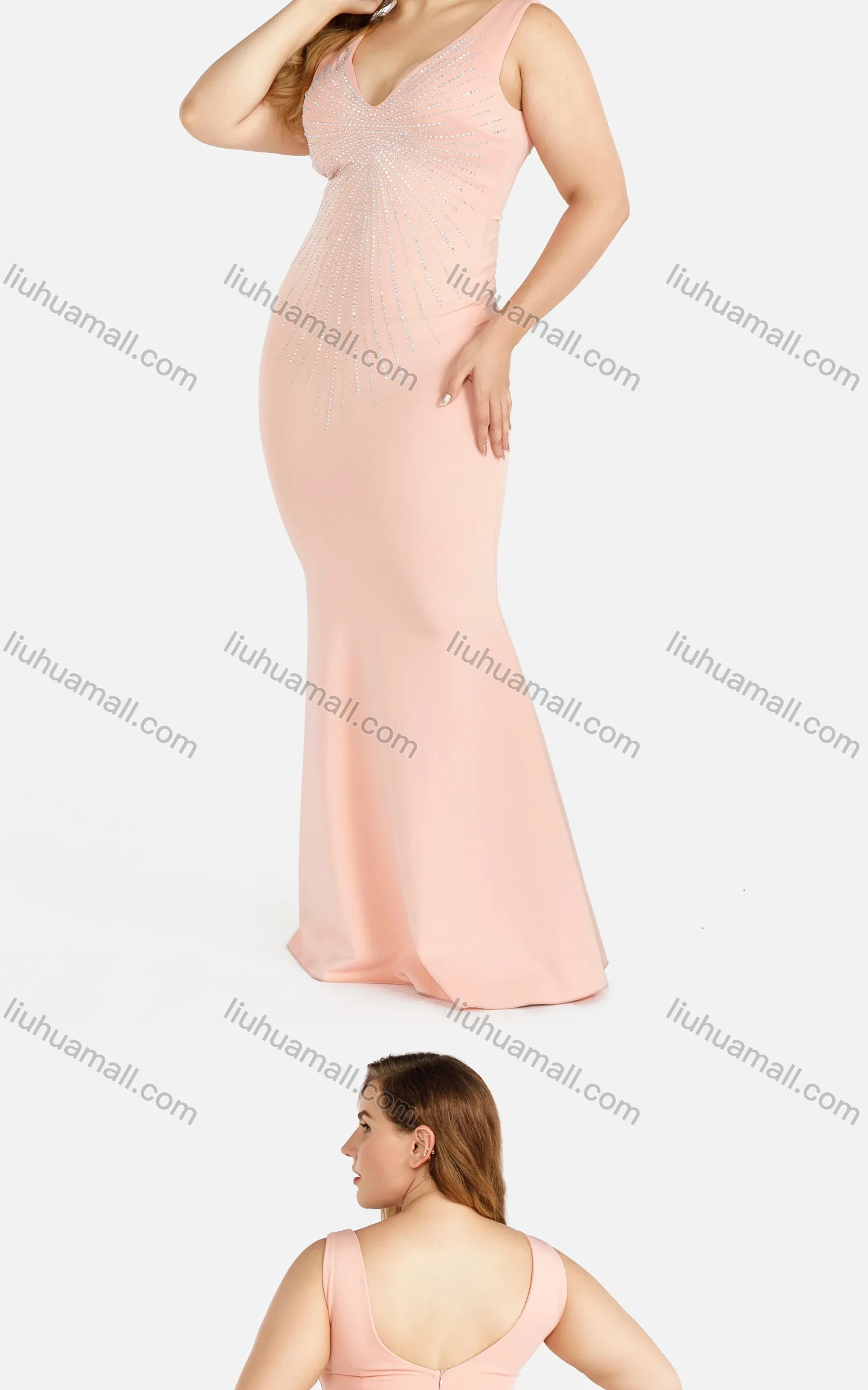 Wholesale Women's Elegant Plain Deep V Neck Sleeveless Rhinestone Zipper Tank Mermaid Evening Dress - Liuhuamall