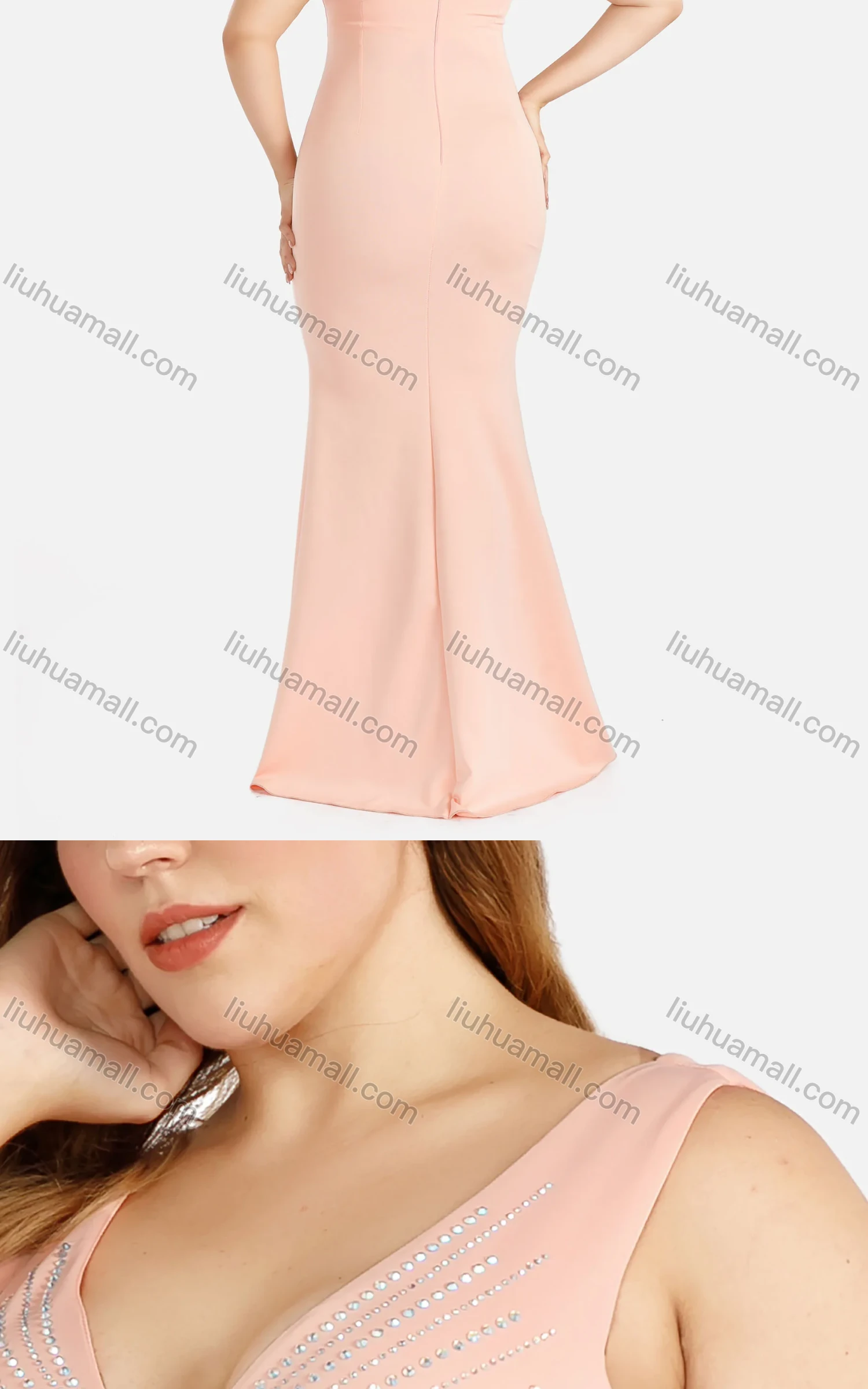 Wholesale Women's Elegant Plain Deep V Neck Sleeveless Rhinestone Zipper Tank Mermaid Evening Dress - Liuhuamall