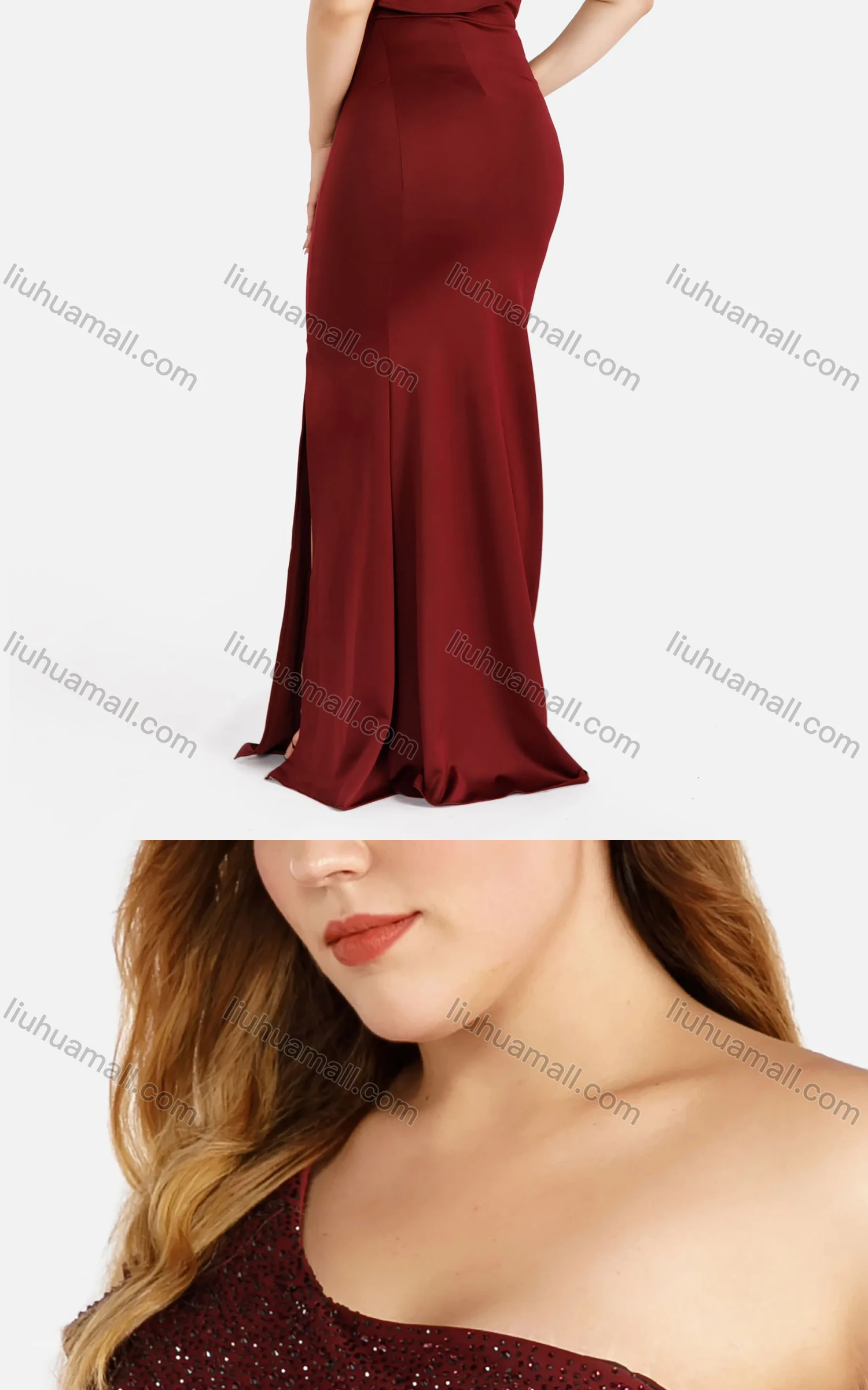 Wholesale Women's Elegant Plain One Shoulder Ruffle Trim Sleeveless Split Hem Rhinestone Mermaid Evening Dress - Liuhuamall