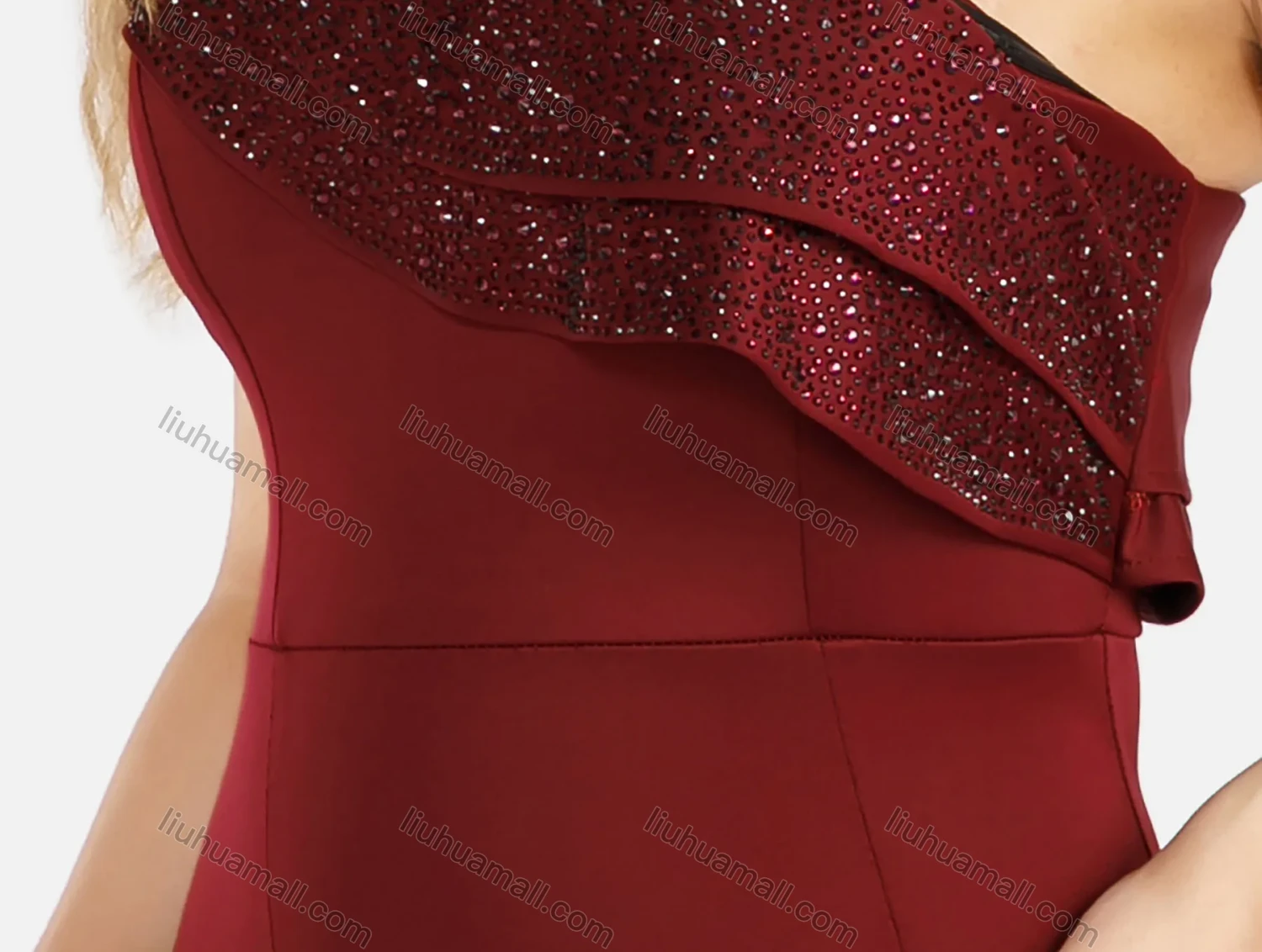 Wholesale Women's Elegant Plain One Shoulder Ruffle Trim Sleeveless Split Hem Rhinestone Mermaid Evening Dress - Liuhuamall