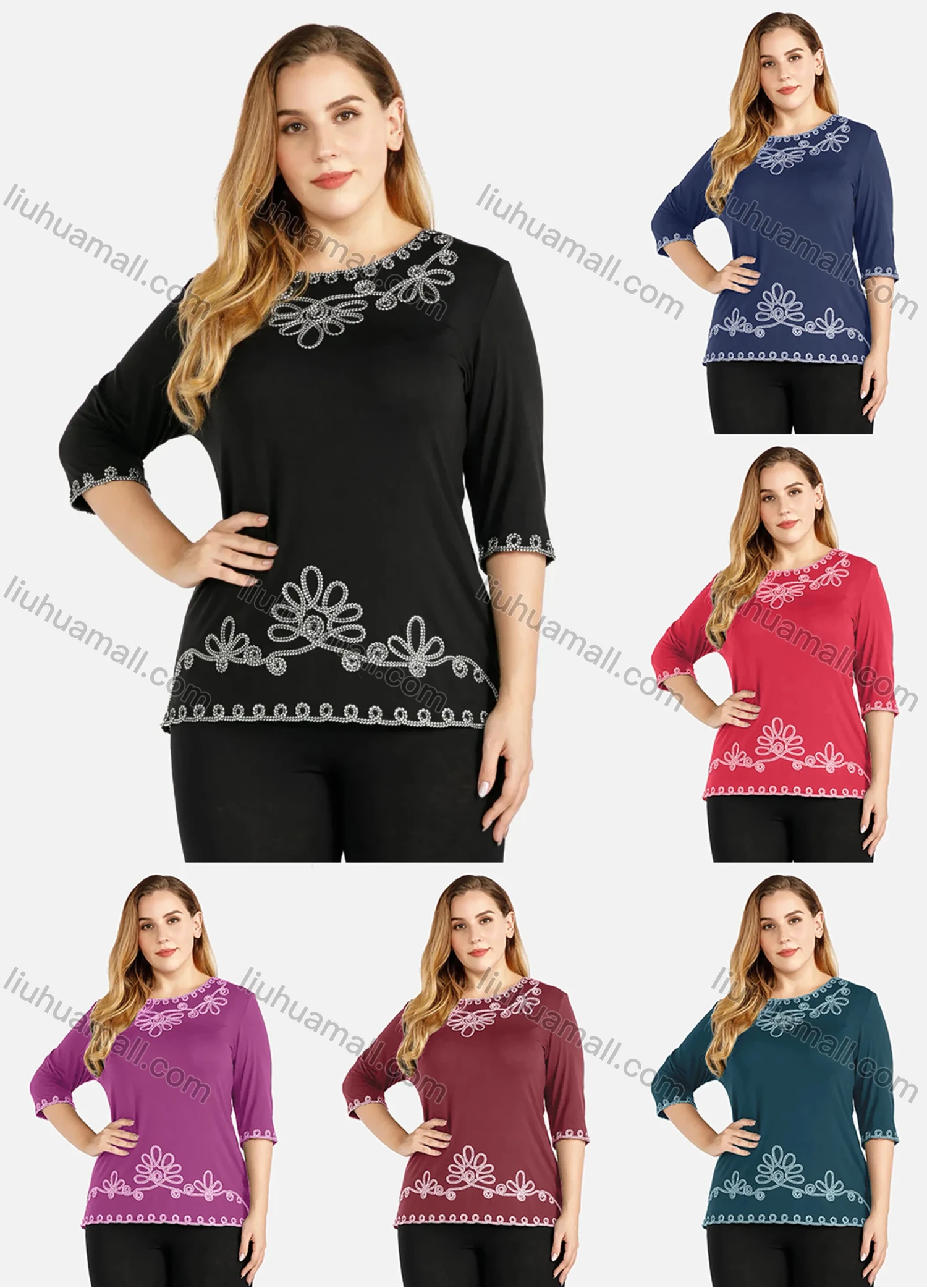 Wholesale Women's Casual Round Neck 3/4 Sleeve Rhinestone Top - Liuhuamall