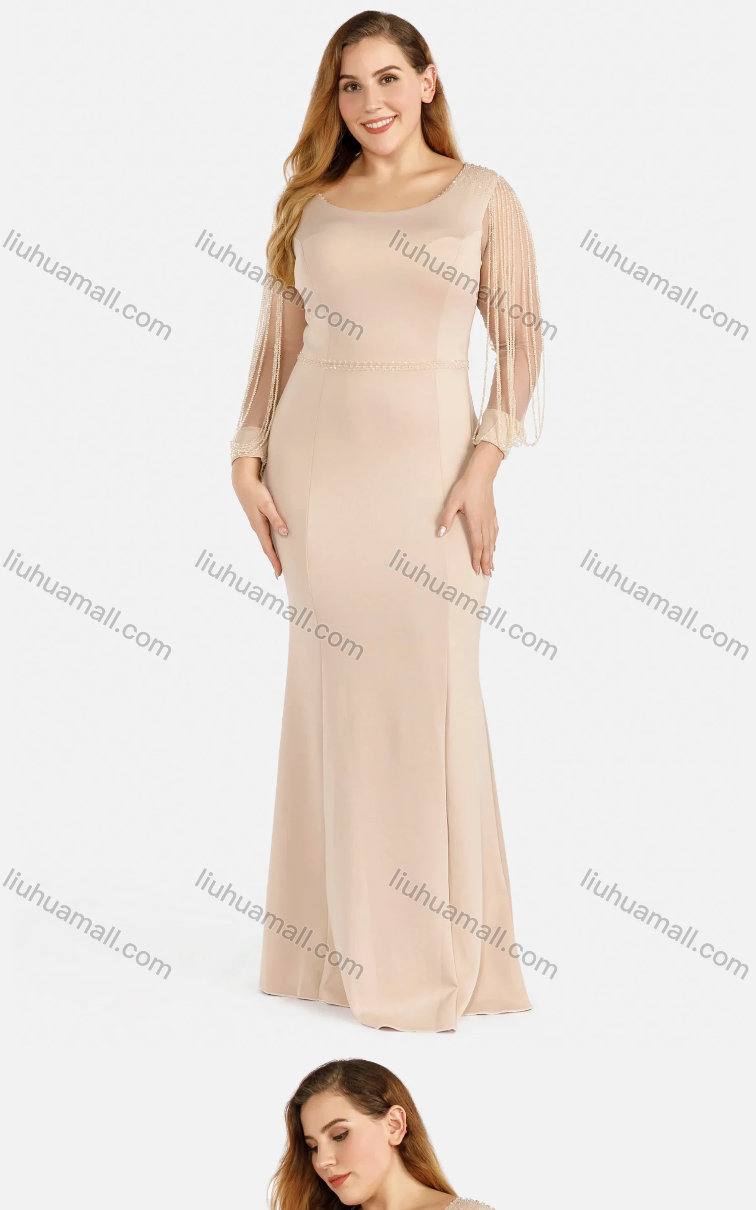 Wholesale Women's Elegant Plain Round Neck Zip Back Rhinestone Fringe Sheer Mesh Evening Mermaid Dress - Liuhuamall