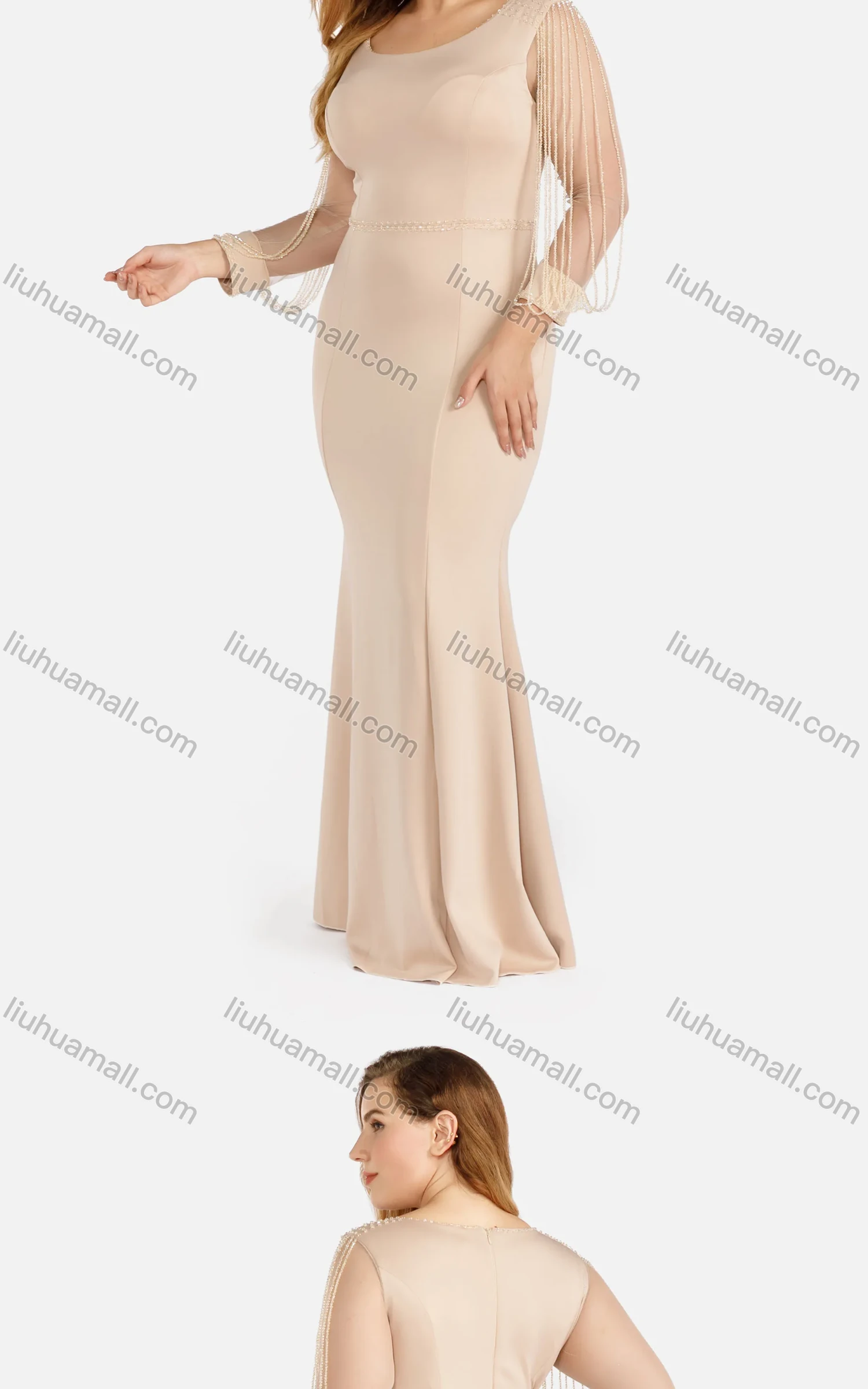 Wholesale Women's Elegant Plain Round Neck Zip Back Rhinestone Fringe Sheer Mesh Evening Mermaid Dress - Liuhuamall