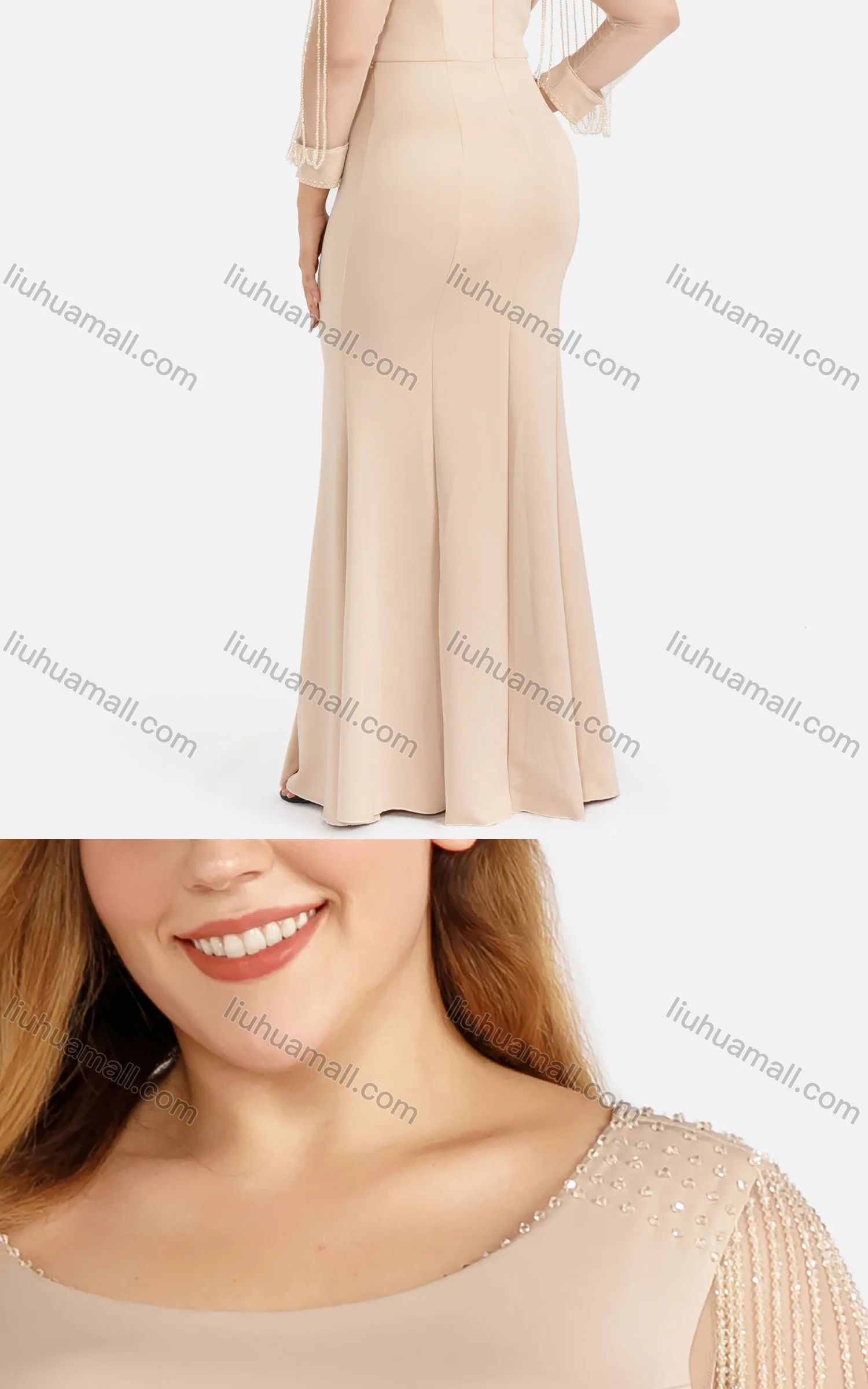 Wholesale Women's Elegant Plain Round Neck Zip Back Rhinestone Fringe Sheer Mesh Evening Mermaid Dress - Liuhuamall