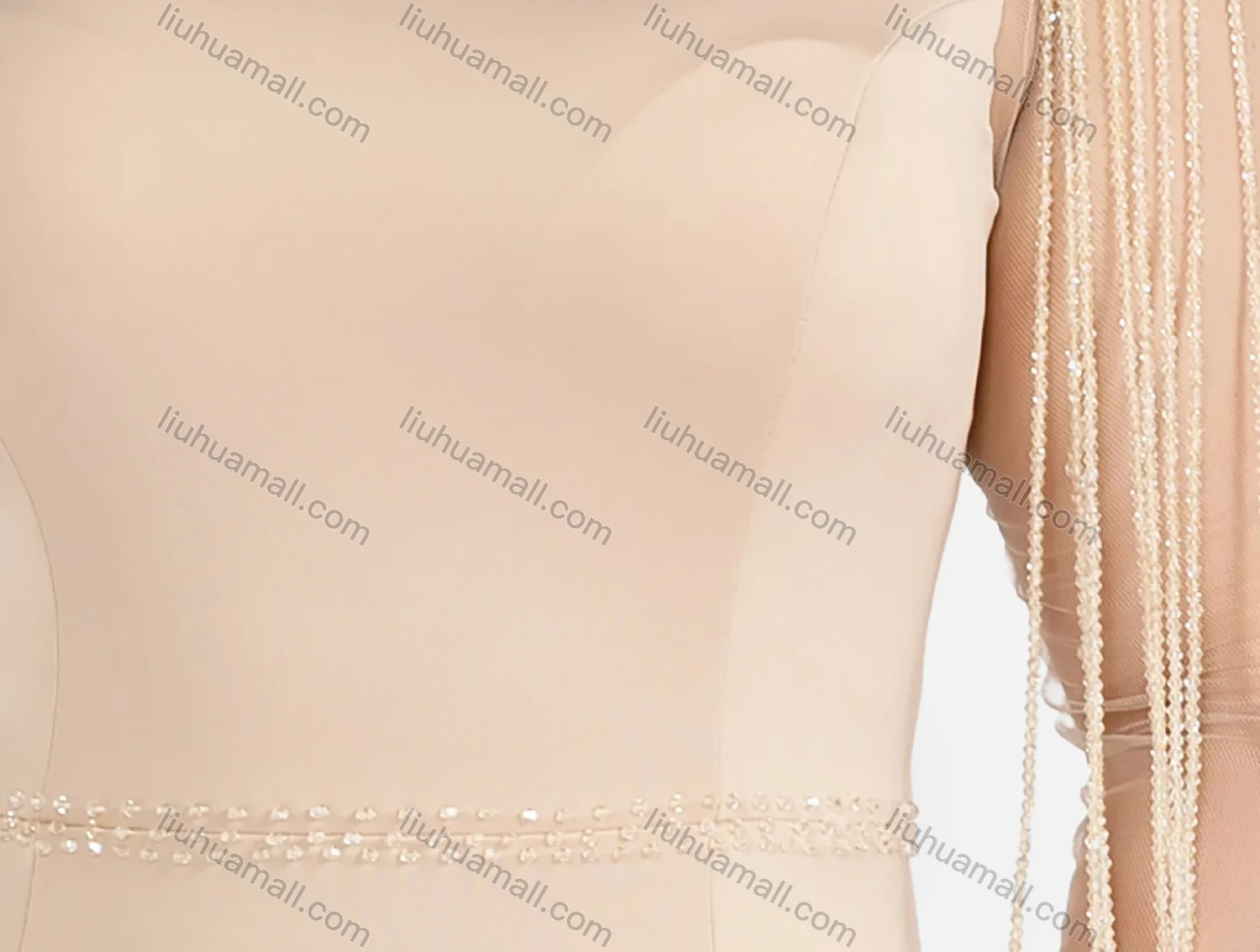 Wholesale Women's Elegant Plain Round Neck Zip Back Rhinestone Fringe Sheer Mesh Evening Mermaid Dress - Liuhuamall