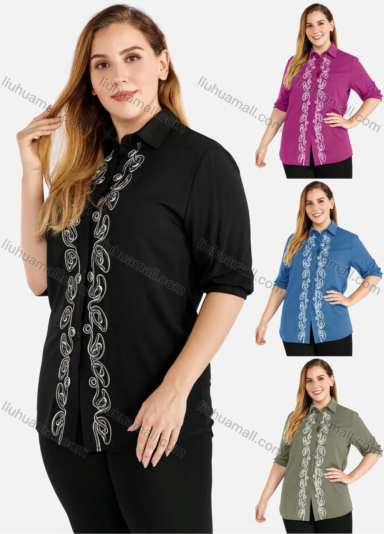 Wholesale Women's Casual Round Neck 3/4 Sleeve Rhinestone Top - Liuhuamall