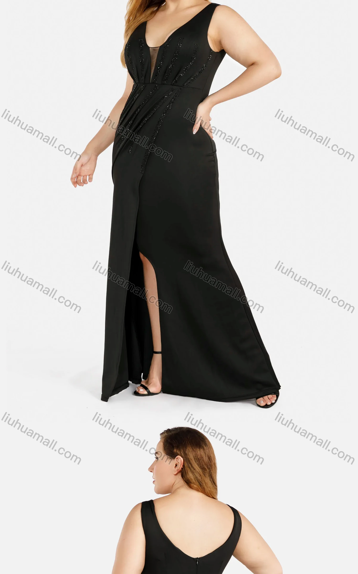 Wholesale Women's Elegant Plain Deep V-Neck Zip Back Sequin Split Wrap Hem Evening Dress - Liuhuamall