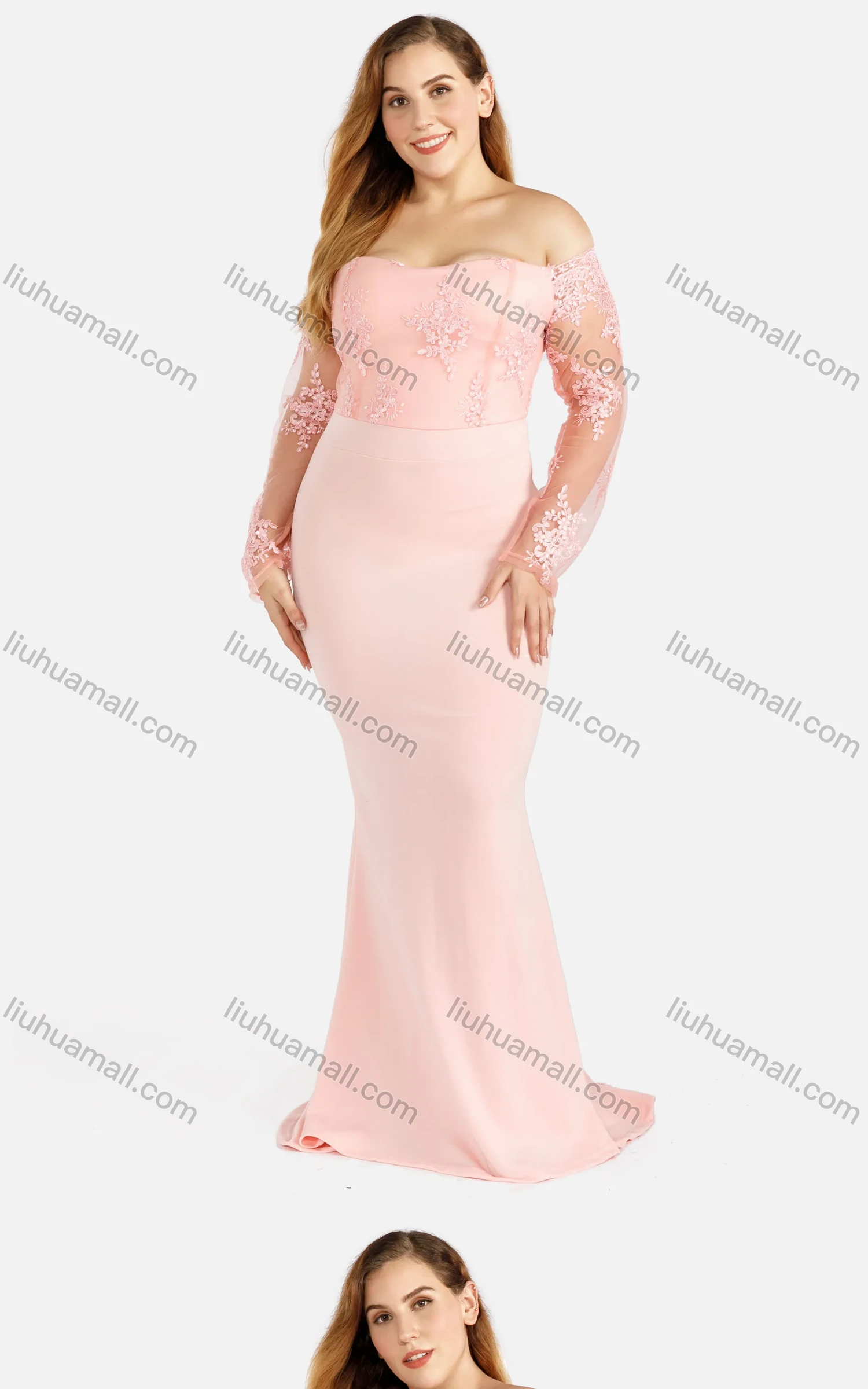 Wholesale Women's Elegant Plain Off Shoulder Splicing Zipper Sheer Mesh Appliques Mermaid Evening Dress - Liuhuamall