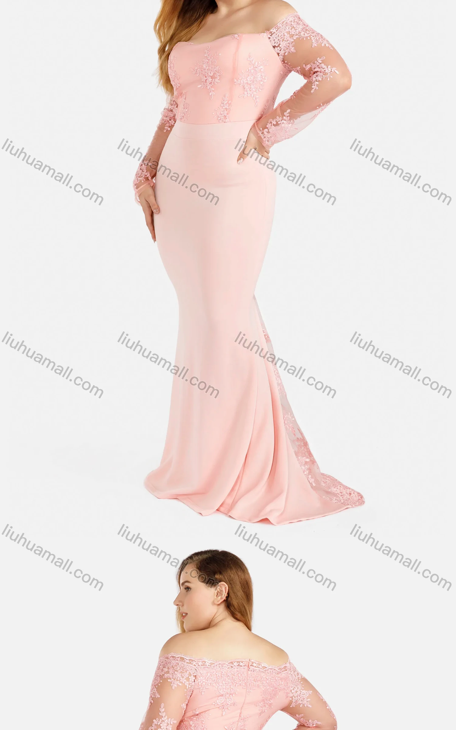 Wholesale Women's Elegant Plain Off Shoulder Splicing Zipper Sheer Mesh Appliques Mermaid Evening Dress - Liuhuamall