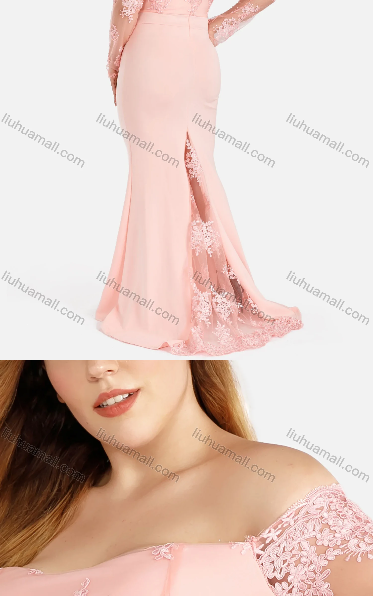 Wholesale Women's Elegant Plain Off Shoulder Splicing Zipper Sheer Mesh Appliques Mermaid Evening Dress - Liuhuamall