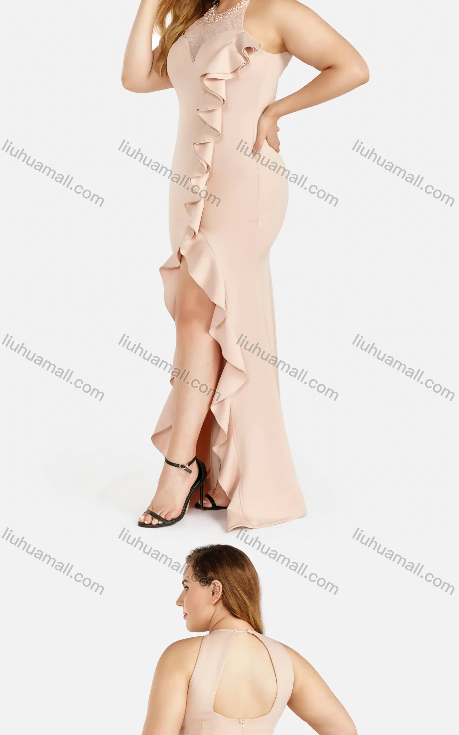 Wholesale Women's Elegant Plain Halter Splicing Cutout Back Split Thigh Pearl Decor Ruffle Trim Evening Dress - Liuhuamall