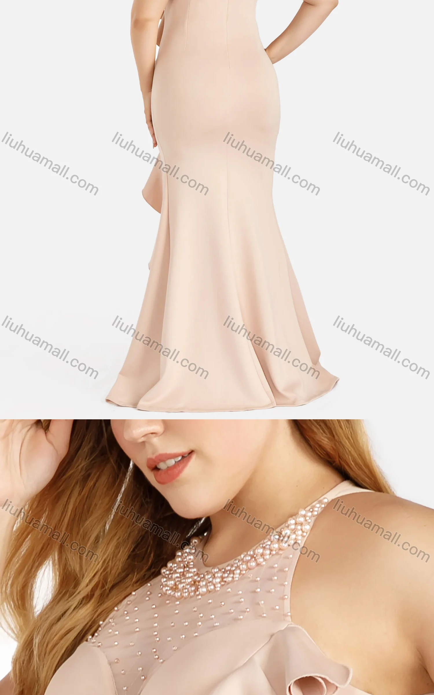 Wholesale Women's Elegant Plain Halter Splicing Cutout Back Split Thigh Pearl Decor Ruffle Trim Evening Dress - Liuhuamall