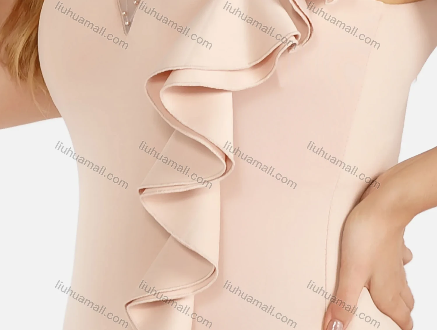 Wholesale Women's Elegant Plain Halter Splicing Cutout Back Split Thigh Pearl Decor Ruffle Trim Evening Dress - Liuhuamall