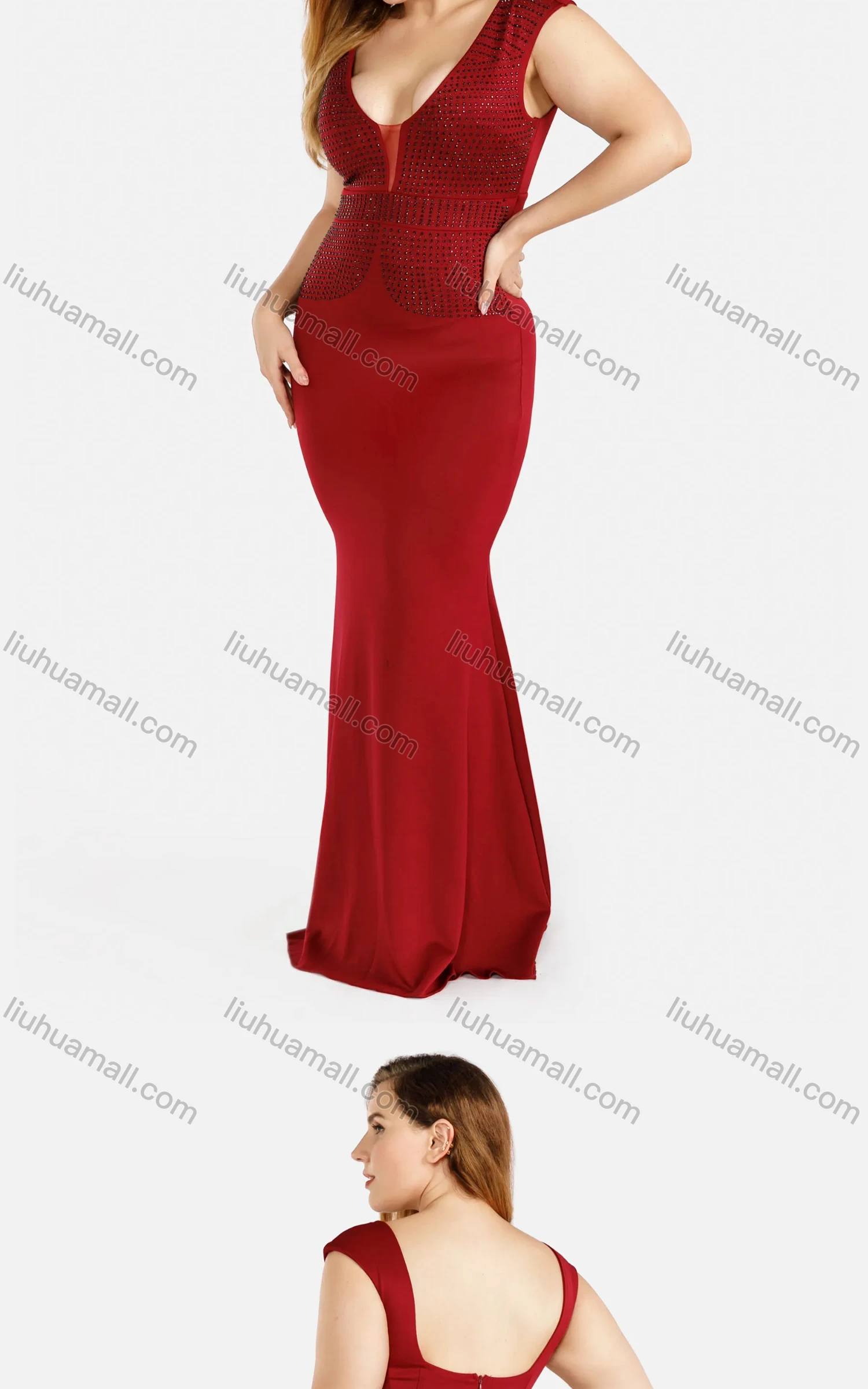 Wholesale Women's Fashion Plain Deep V-Neck Sleeveless Zipper Rhinestone Sheer Mesh Bodycon Mermaid Evening Dress - Liuhuamall