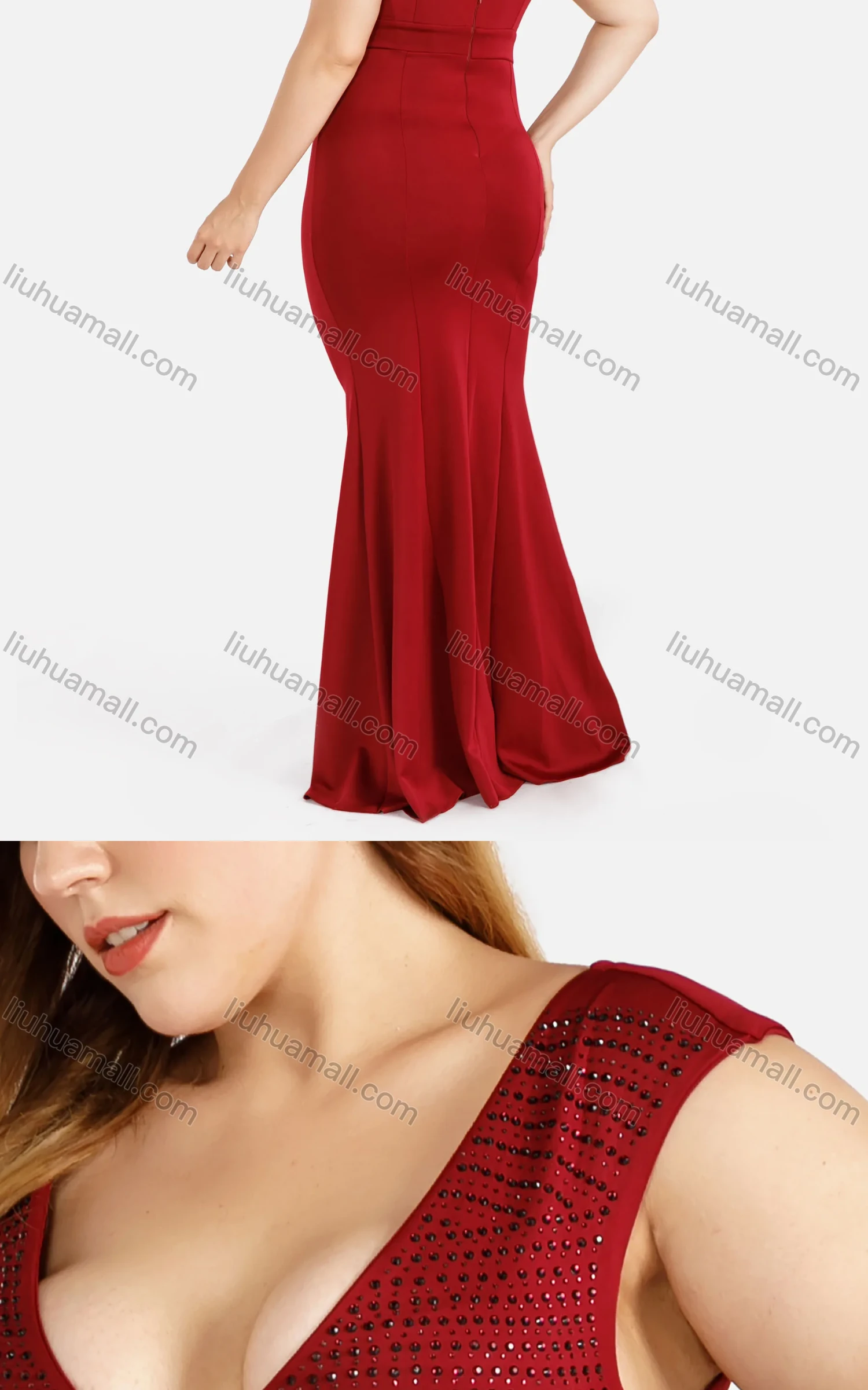 Wholesale Women's Fashion Plain Deep V-Neck Sleeveless Zipper Rhinestone Sheer Mesh Bodycon Mermaid Evening Dress - Liuhuamall