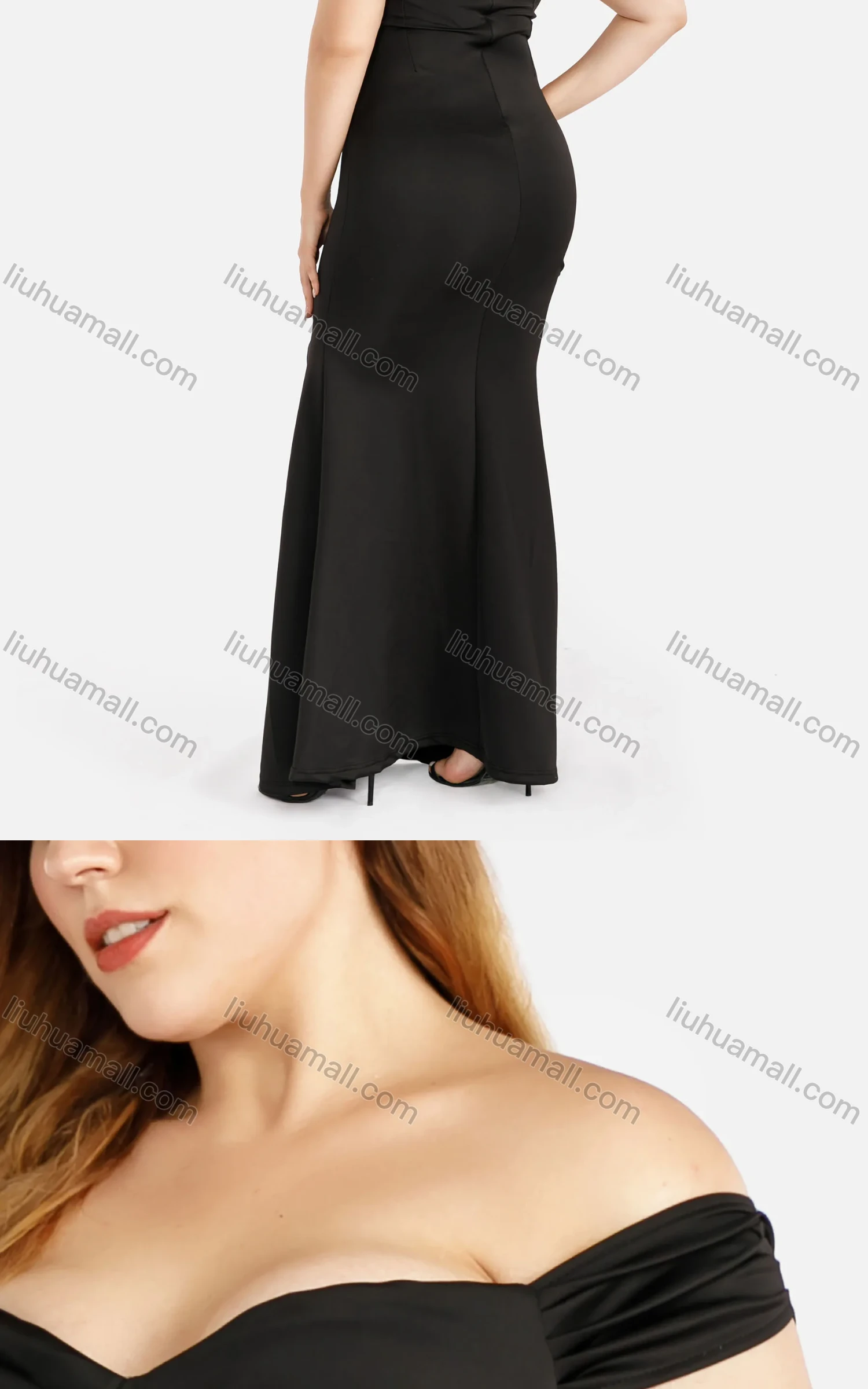 Wholesale Women's Elegant Plain Off Shoulder Zip Back Pleated Ruched Split Thigh Sheer Mesh Mermaid Evening Dress - Liuhuamall