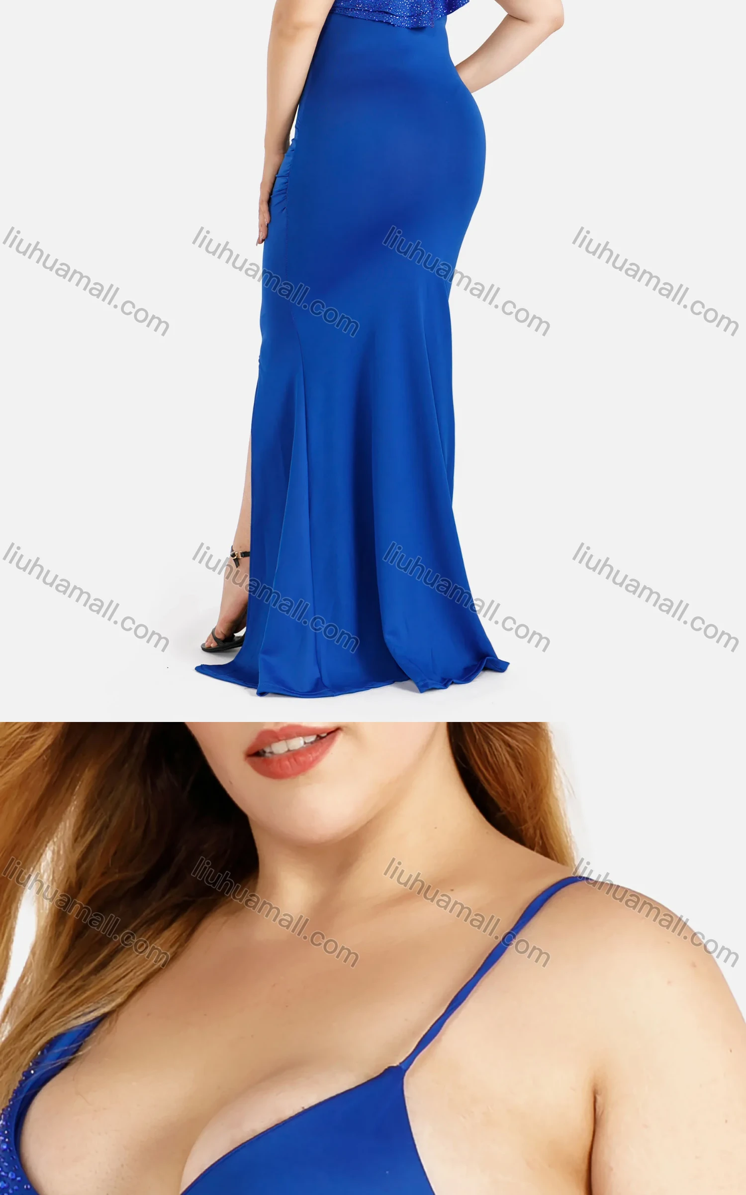 Wholesale Women's Sexy Asymmetrical Neck Ruffle Trim Wrap Splicing Split Hem Spaghetti Straps Mermaid Evening Dress - Liuhuamall