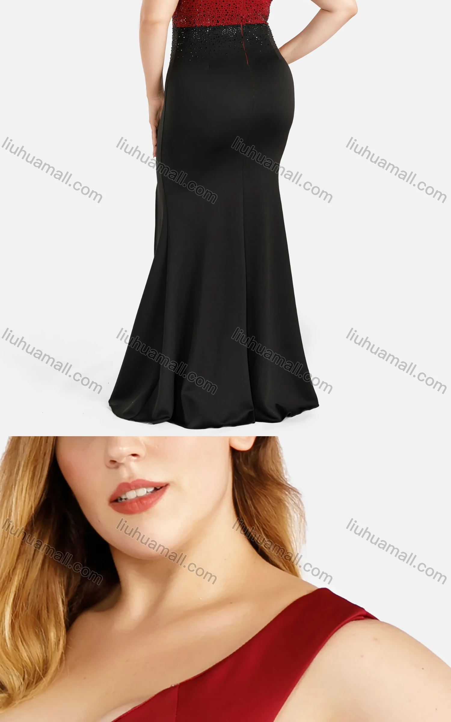 Wholesale Women's Fashion V Neck Sleeveless Splicing Two Tone Rhinestone Zipper Split Thigh Evening Dress - Liuhuamall