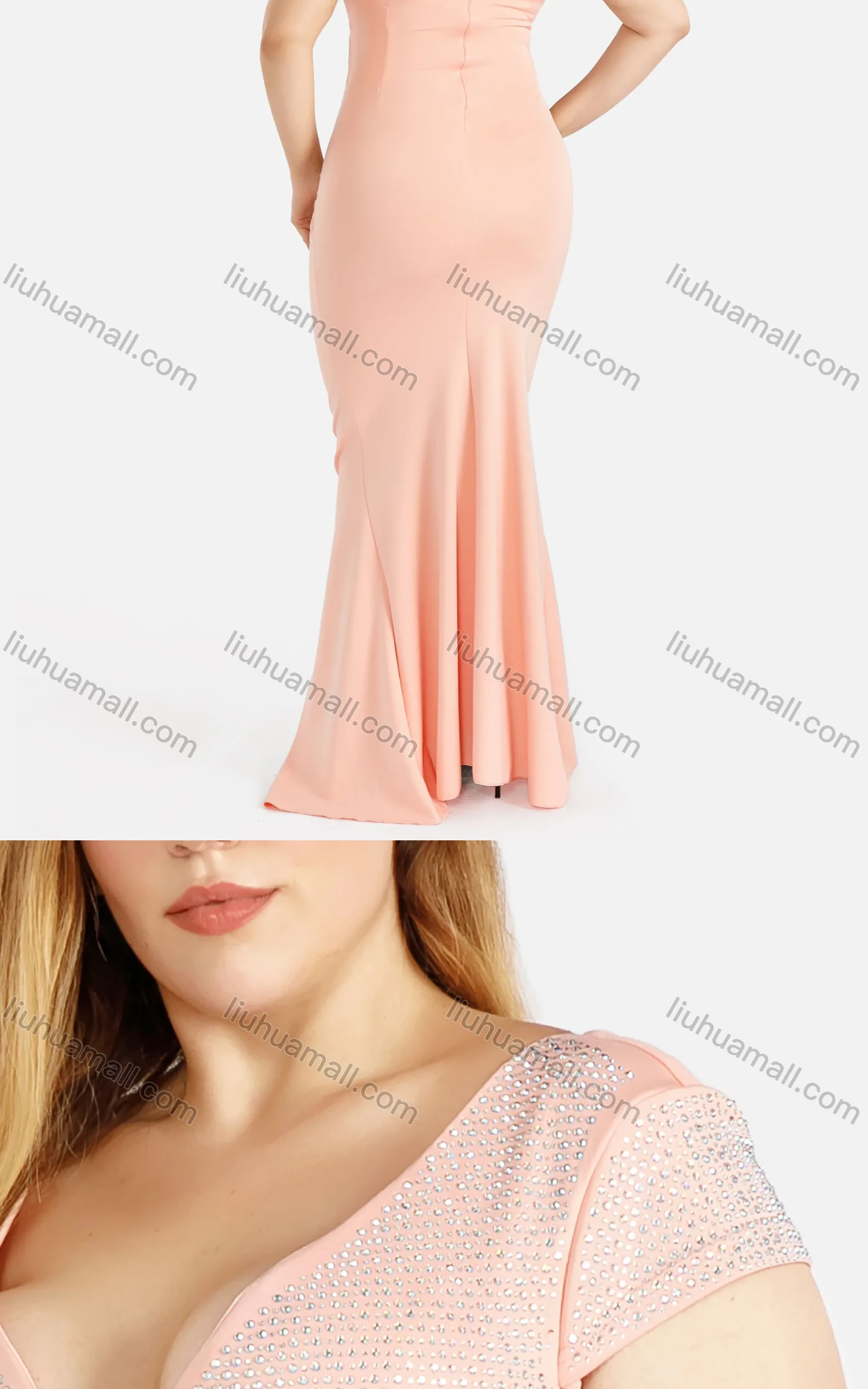 Wholesale Women's Elegant Plain V Neck Cutout Pleated Cross Front Split Hem Rhinestone Mermaid Evening Dress - Liuhuamall