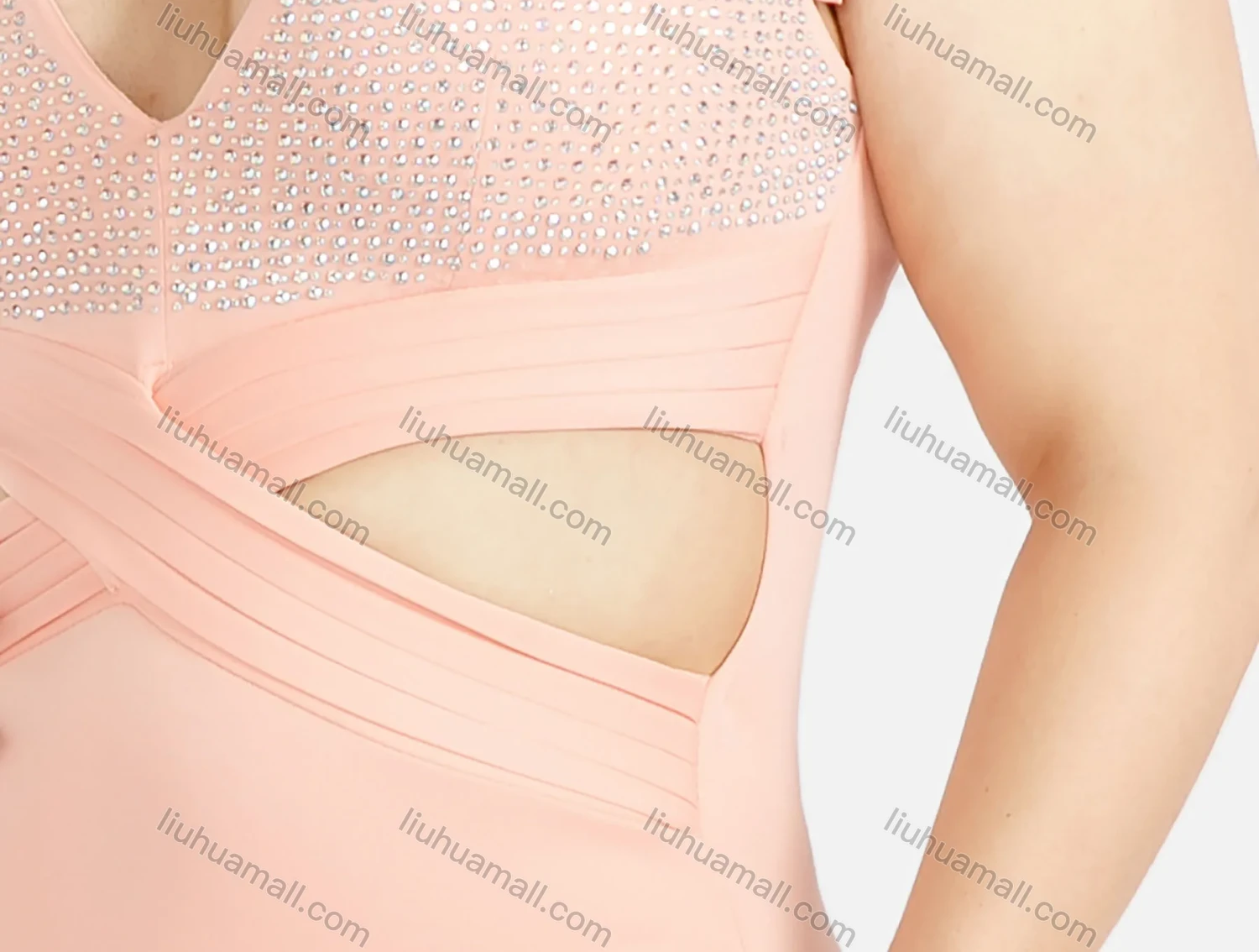 Wholesale Women's Elegant Plain V Neck Cutout Pleated Cross Front Split Hem Rhinestone Mermaid Evening Dress - Liuhuamall