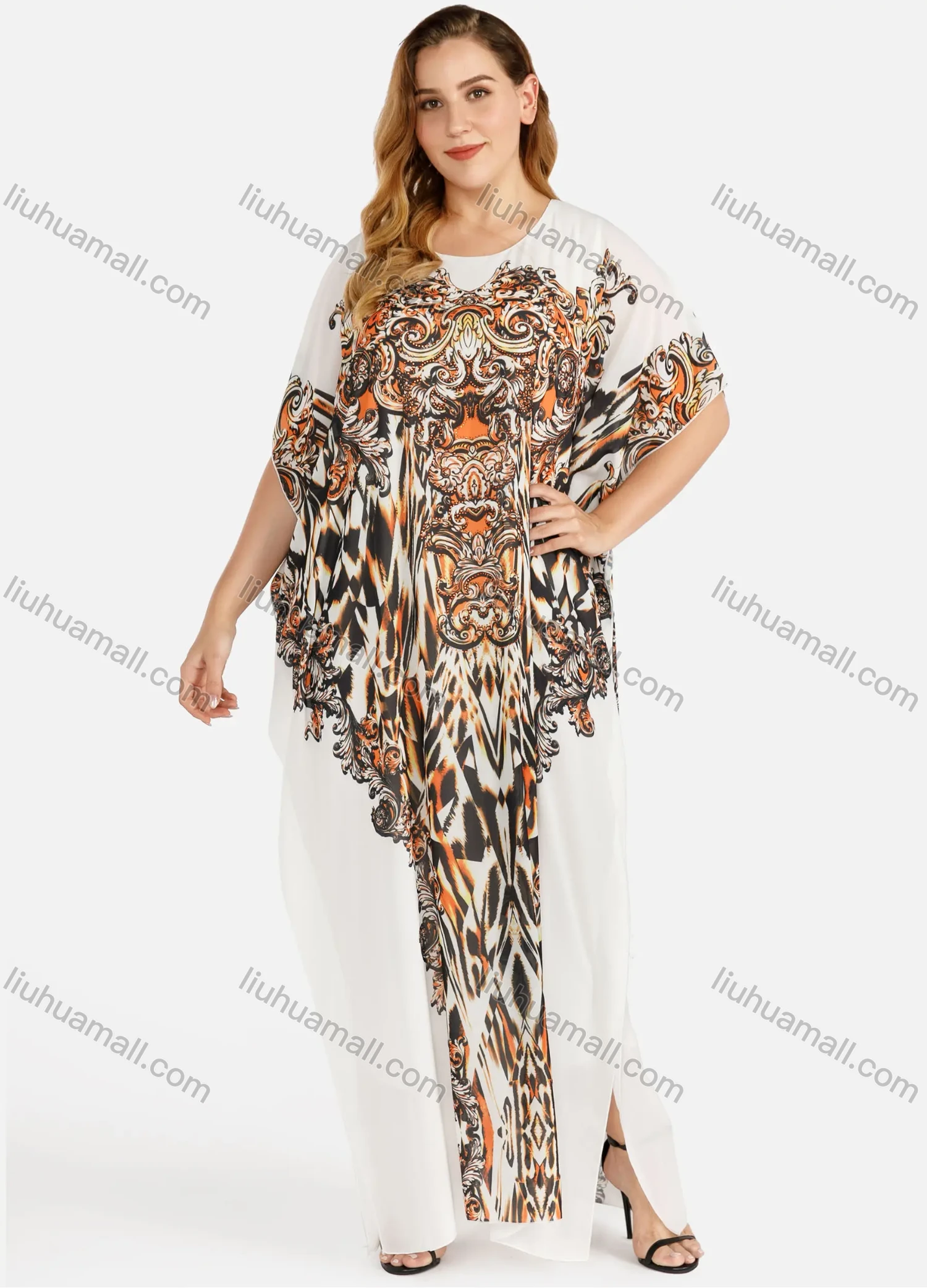 Wholesale Women's Plus Size Round Neck Baroque Print Rhinestone Decor Maxi Kaftan Dress - Liuhuamall