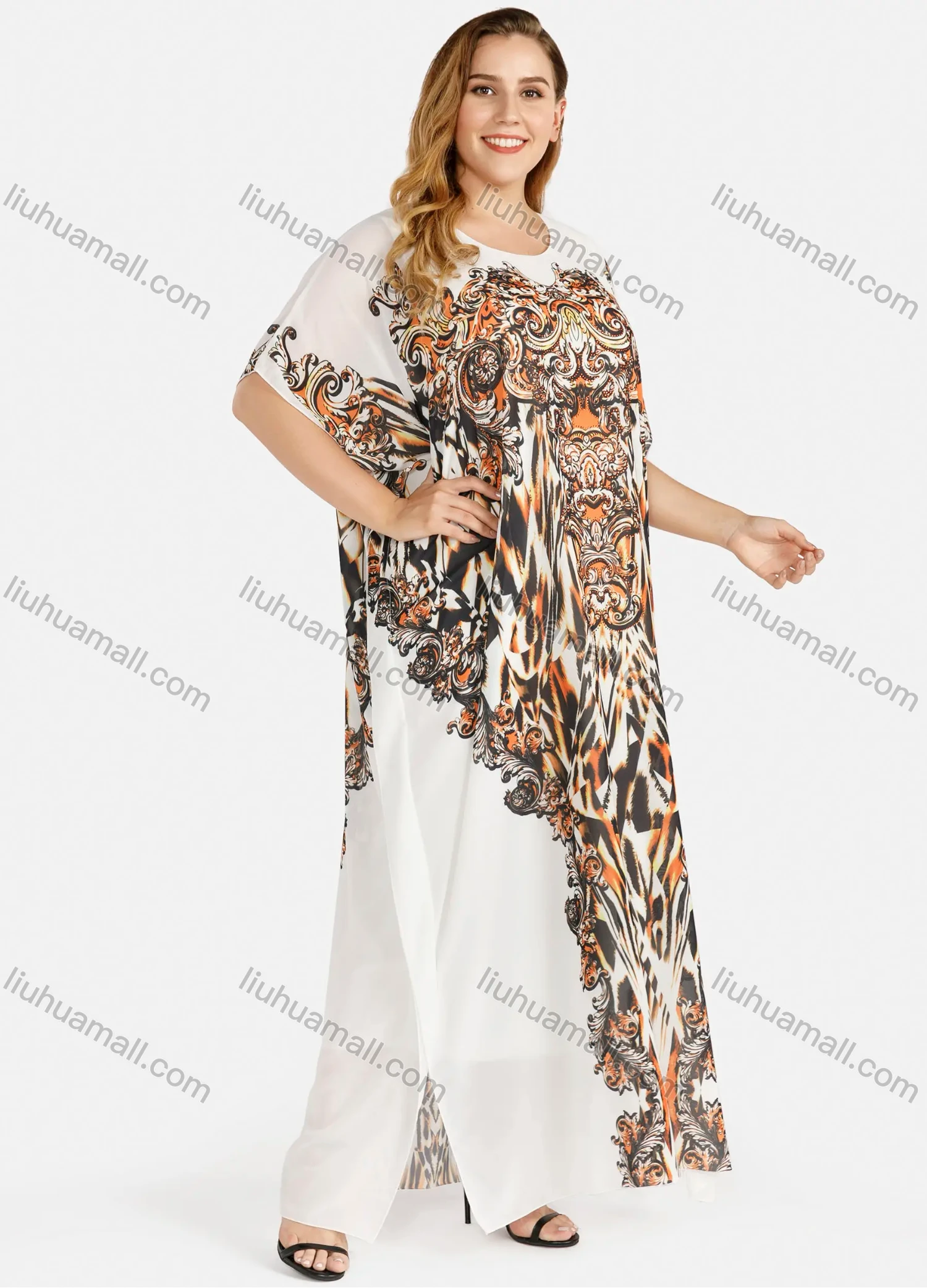 Wholesale Women's Plus Size Round Neck Baroque Print Rhinestone Decor Maxi Kaftan Dress - Liuhuamall