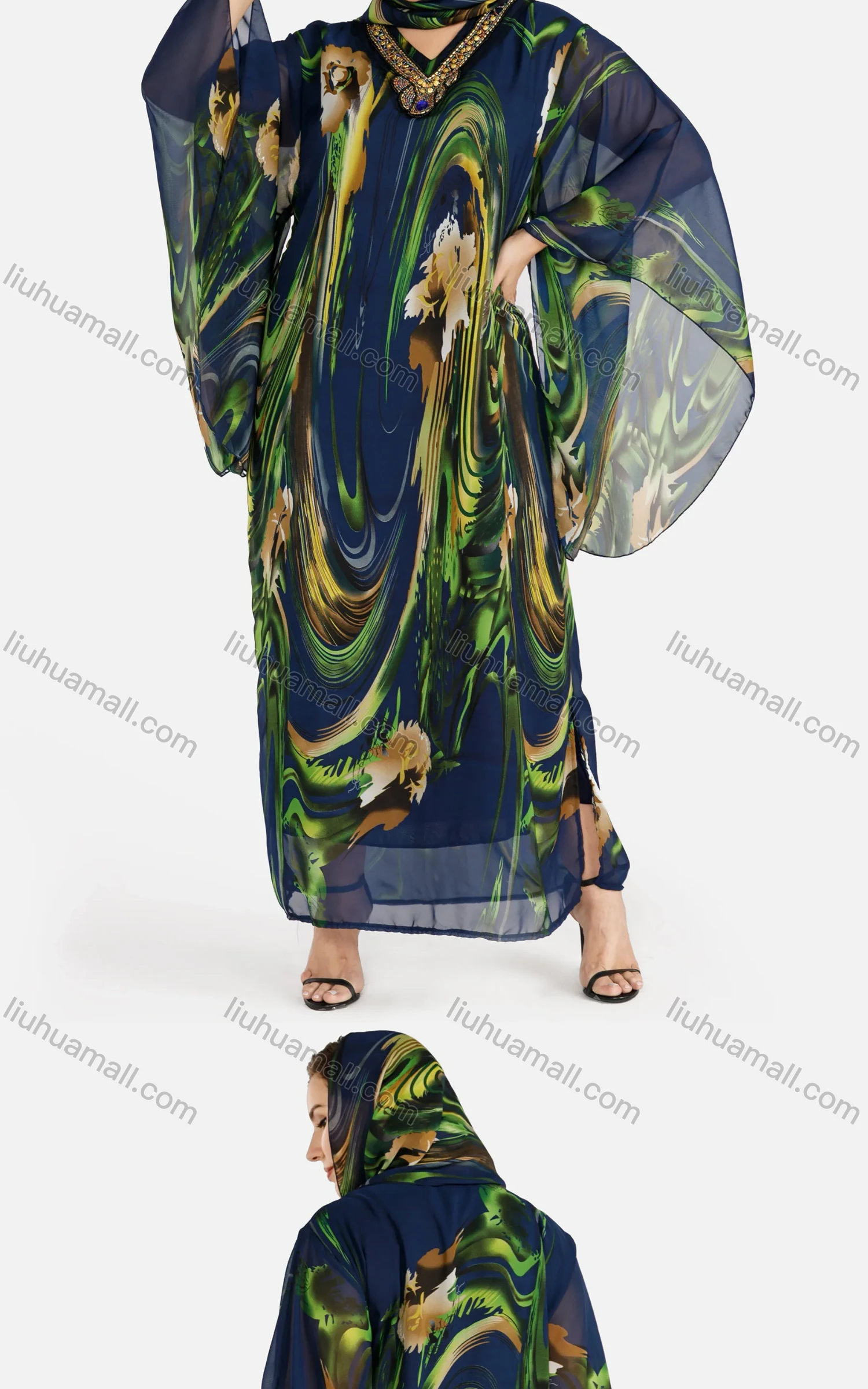 Wholesale Women's African V Neck Abstract Print Muslim Rhinestone Decor Maxi Kaftan Dress With Hijab - Liuhuamall