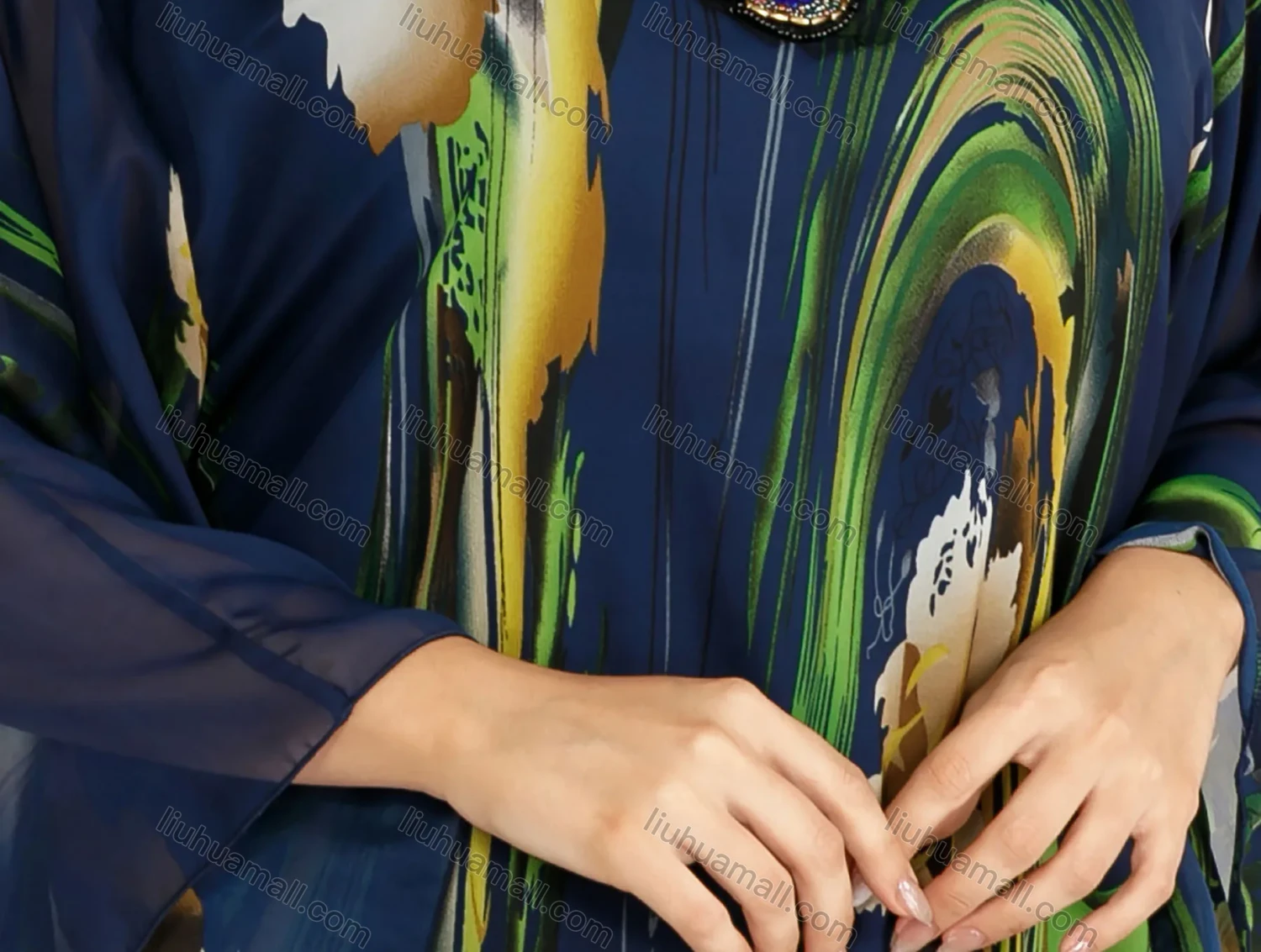 Wholesale Women's African V Neck Abstract Print Muslim Rhinestone Decor Maxi Kaftan Dress With Hijab - Liuhuamall