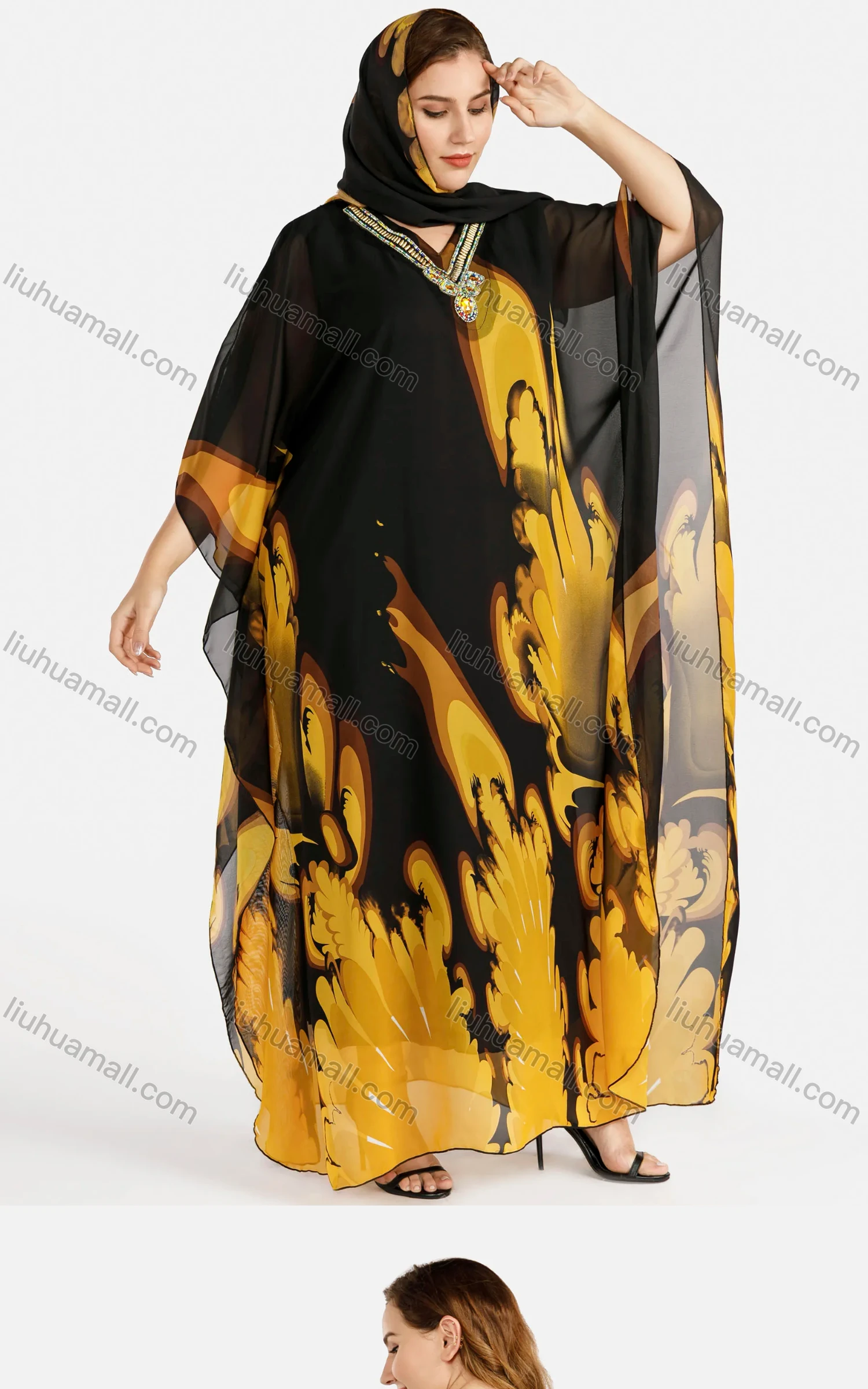 Wholesale Women's African V Neck Batwing Sleeve Abstract Print Muslim Rhinestone Decor Maxi Kaftan Dress Africa - Liuhuamall