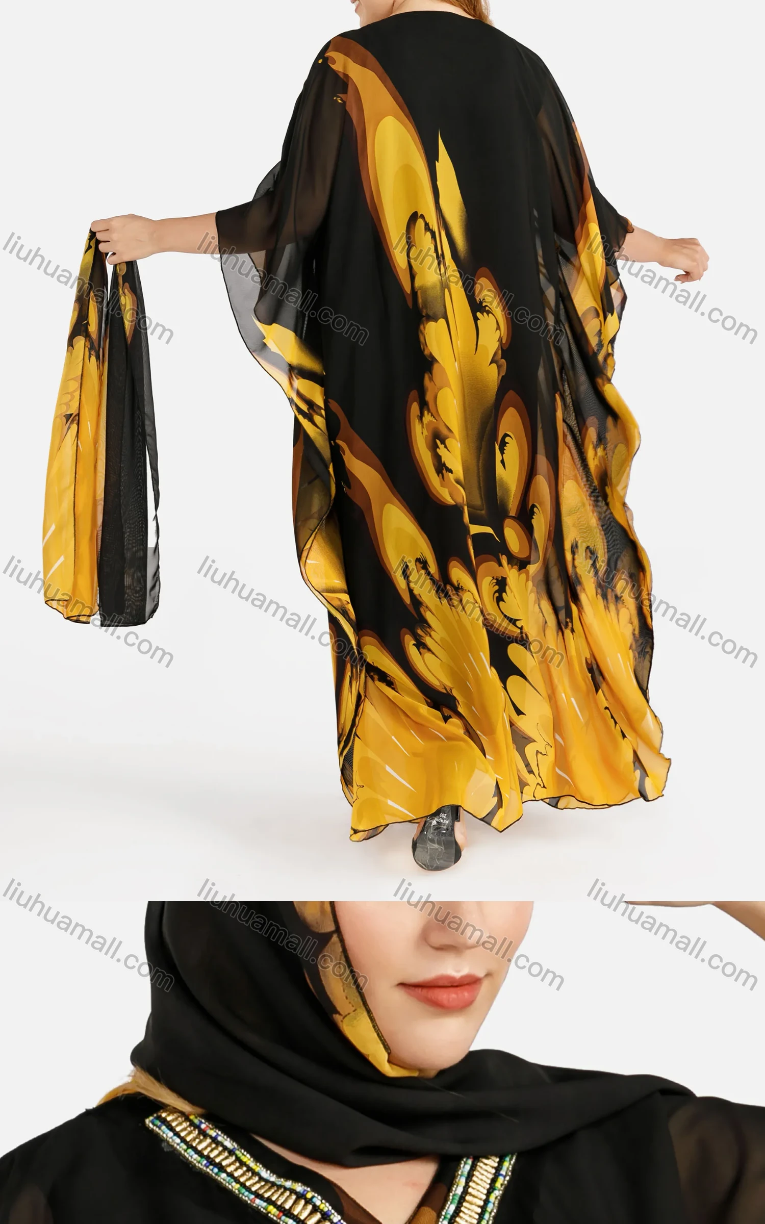 Wholesale Women's African V Neck Batwing Sleeve Abstract Print Muslim Rhinestone Decor Maxi Kaftan Dress Africa - Liuhuamall