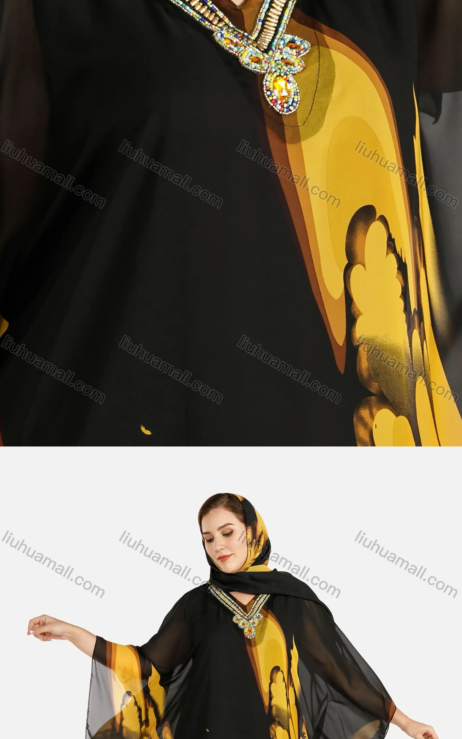 Wholesale Women's African V Neck Batwing Sleeve Abstract Print Muslim Rhinestone Decor Maxi Kaftan Dress Africa - Liuhuamall