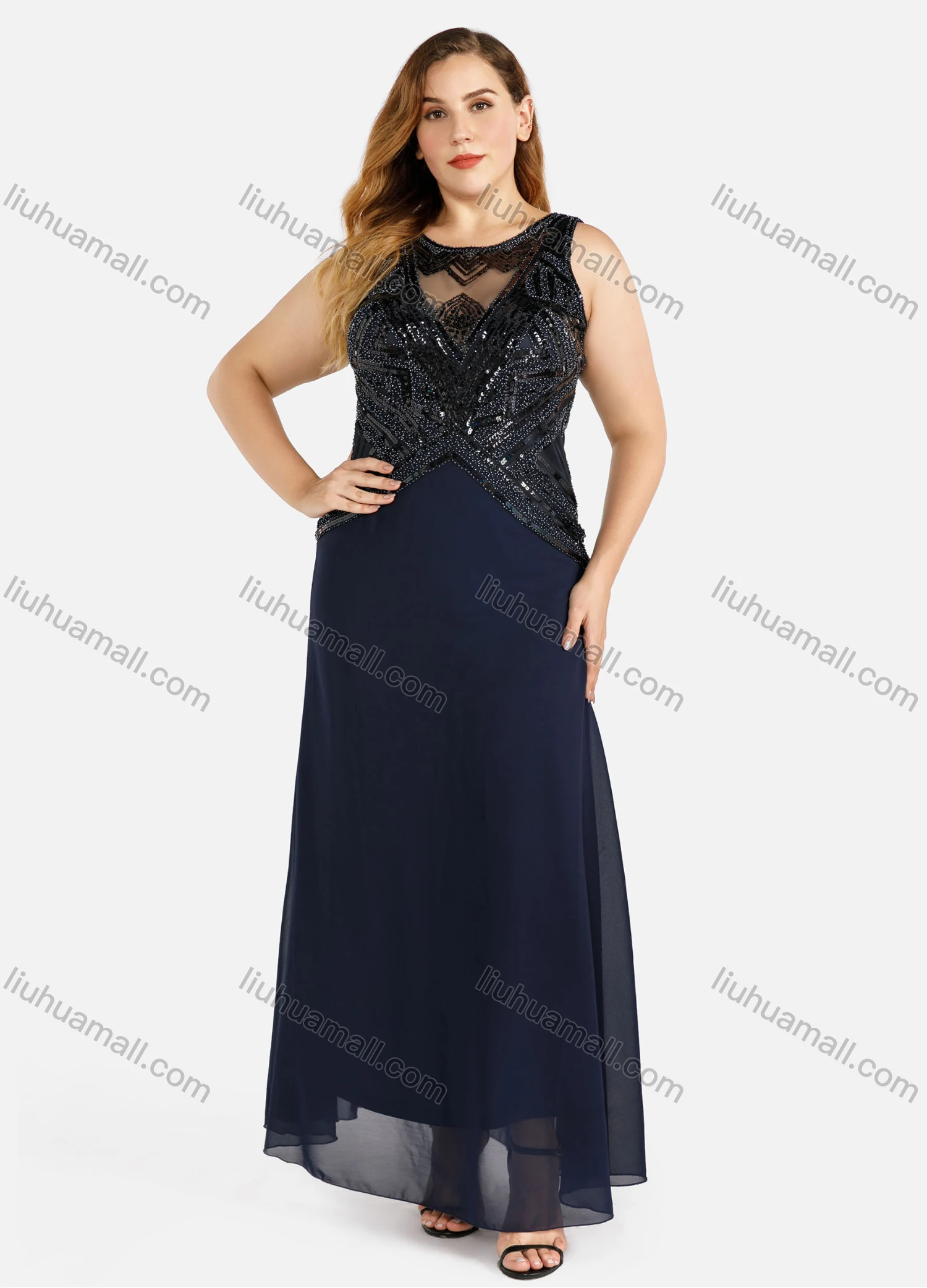 Wholesale Women's Elegant Sleeveless Round Neck Chest Cutout Lace Sequin Evening Dress - Liuhuamall