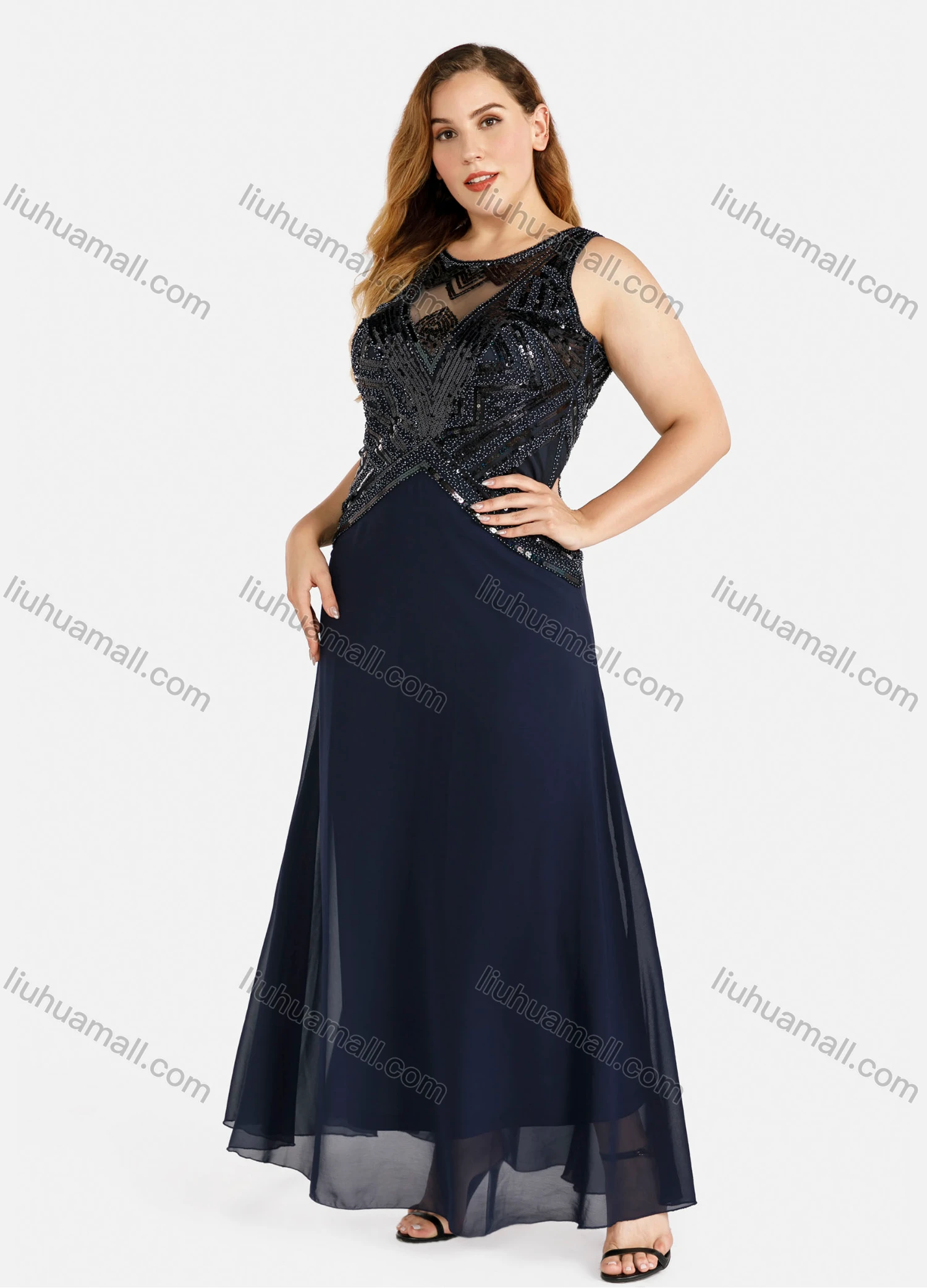Wholesale Women's Elegant Sleeveless Round Neck Chest Cutout Lace Sequin Evening Dress - Liuhuamall