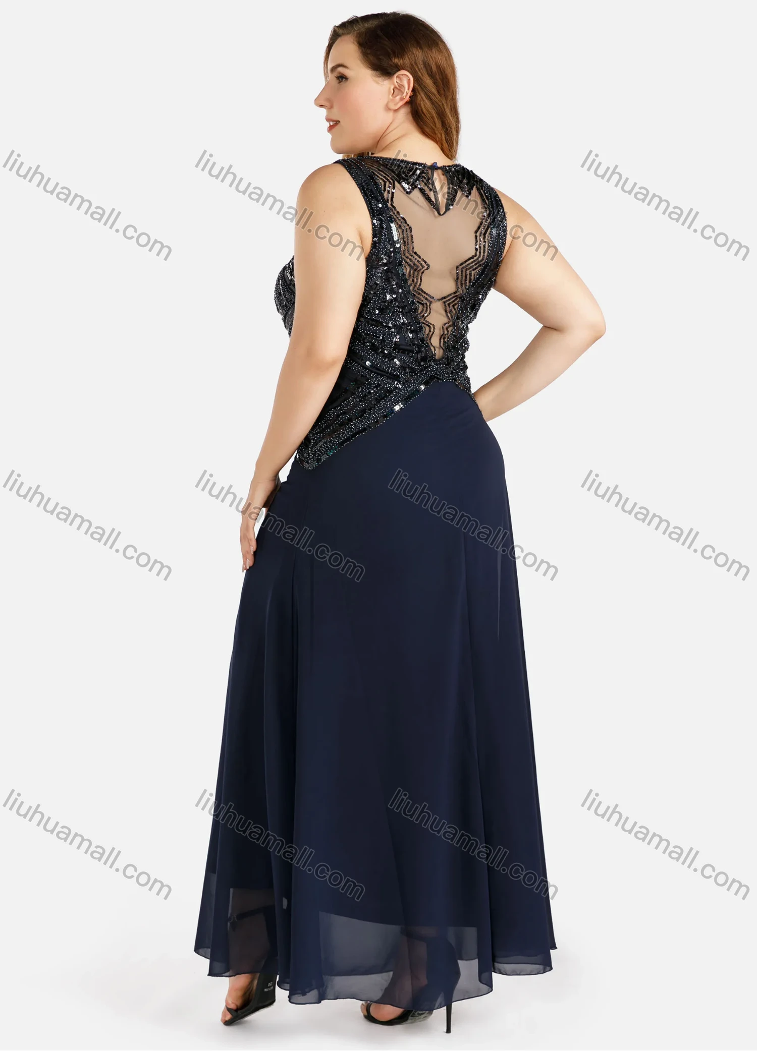 Wholesale Women's Elegant Sleeveless Round Neck Chest Cutout Lace Sequin Evening Dress - Liuhuamall