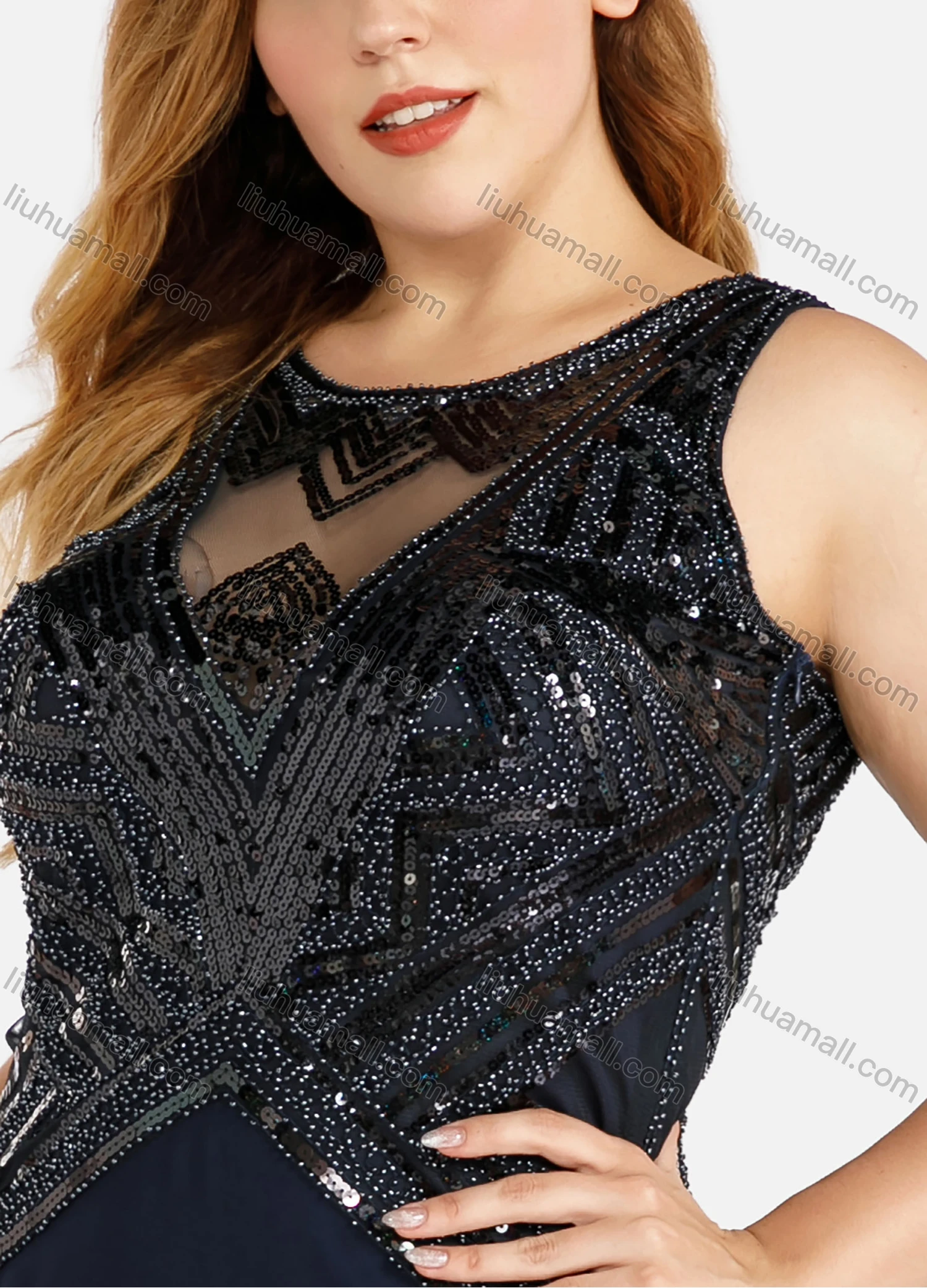 Wholesale Women's Elegant Sleeveless Round Neck Chest Cutout Lace Sequin Evening Dress - Liuhuamall