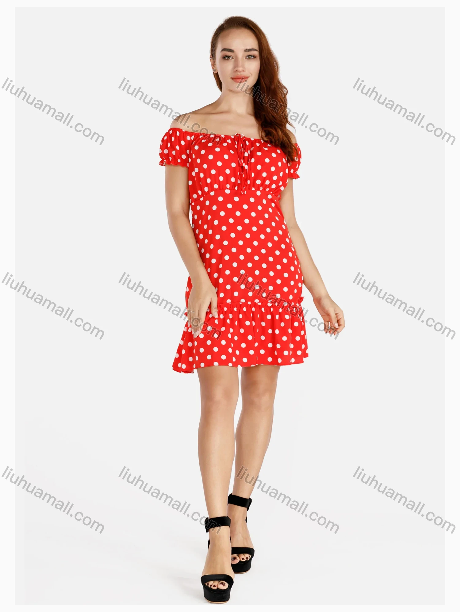 Wholesale Women's Casual Polka Dot Off Shoulder Ruffle Hem Short Dress - Liuhuamall