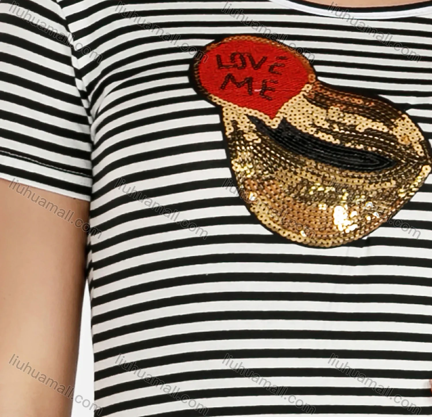 Wholesale Women's Casual Zebra Striped Sequin Round Neck Short T-Shirt Dress - Liuhuamall