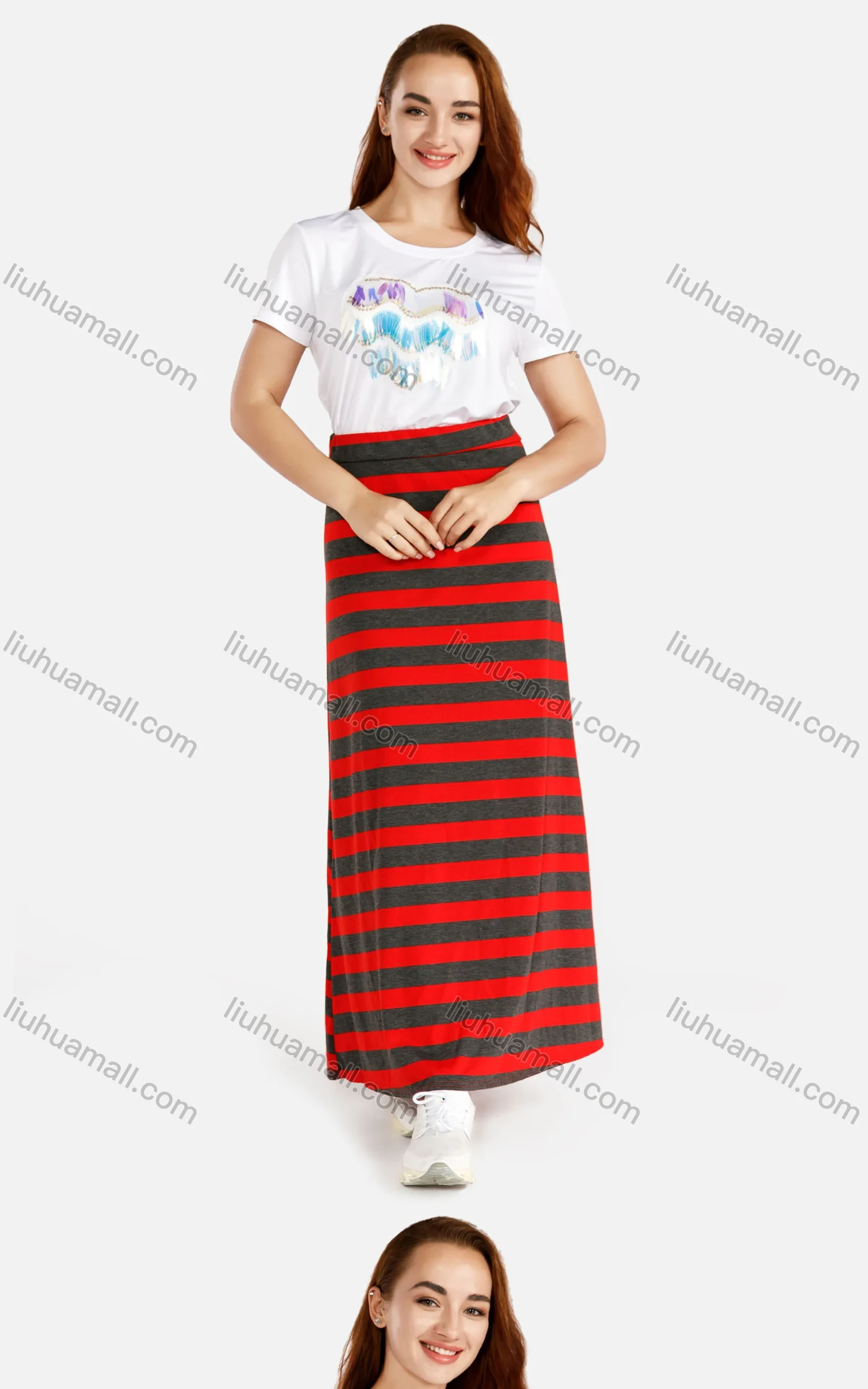 Wholesale Women's Casual Round Neck Striped Print Top&Maxi A-Line Striped Skirt Set - Liuhuamall