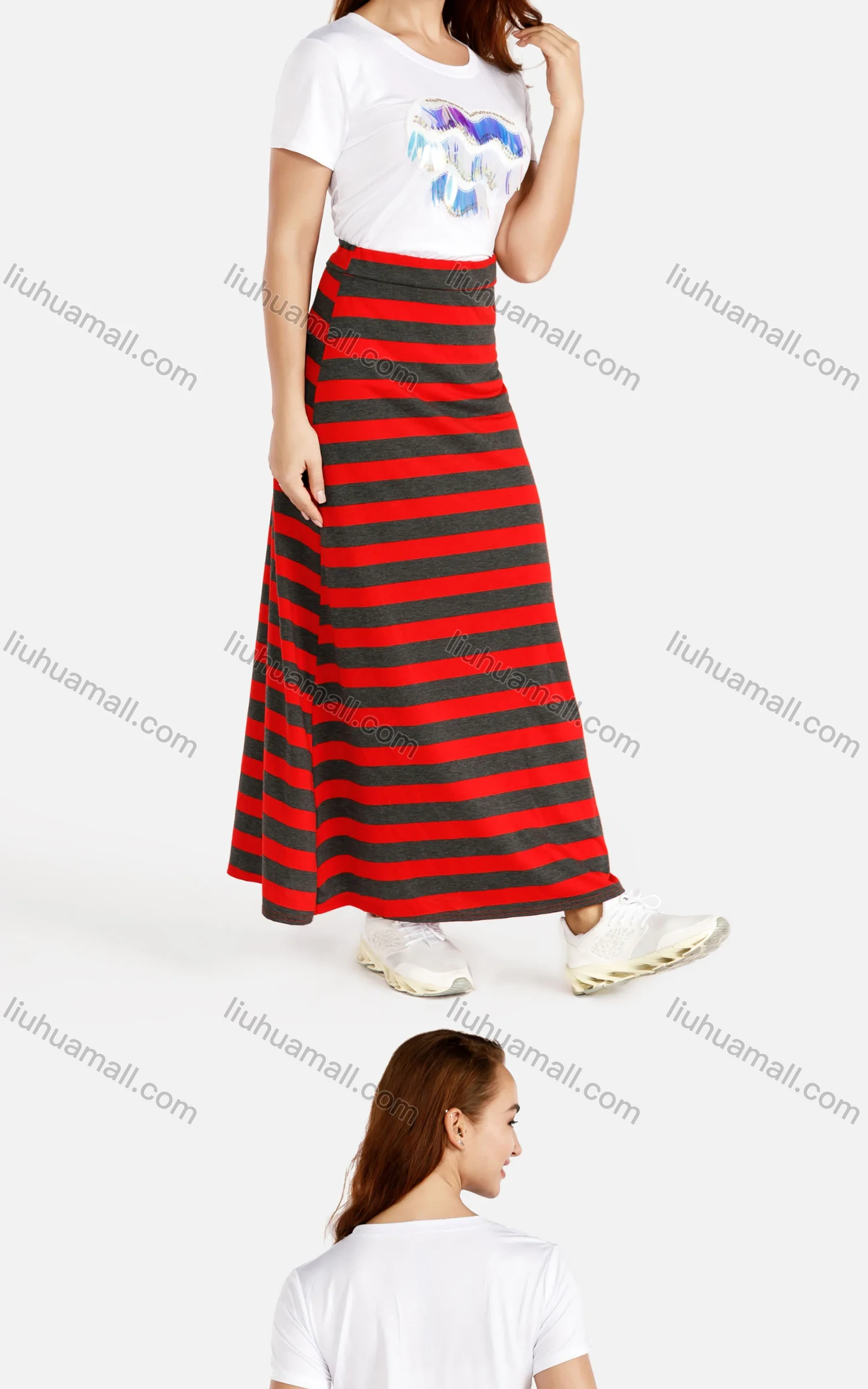 Wholesale Women's Casual Round Neck Striped Print Top&Maxi A-Line Striped Skirt Set - Liuhuamall
