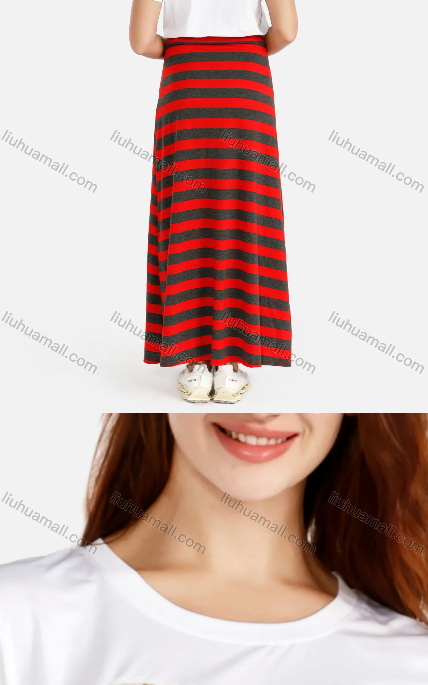 Wholesale Women's Casual Round Neck Striped Print Top&Maxi A-Line Striped Skirt Set - Liuhuamall