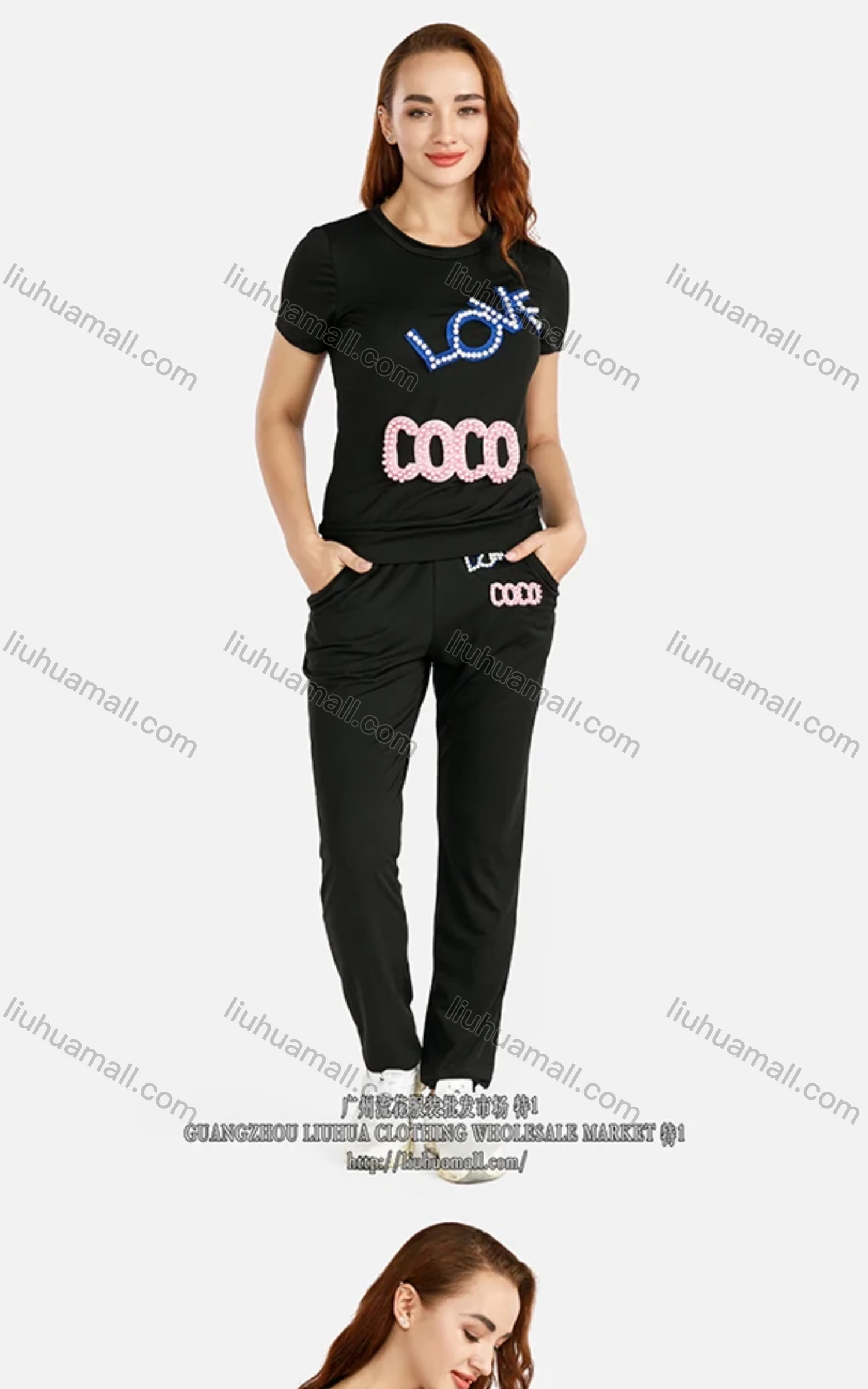 Wholesale Women's Casual Round Neck Tee & Pants With Beads Letter Detail Set - Liuhuamall
