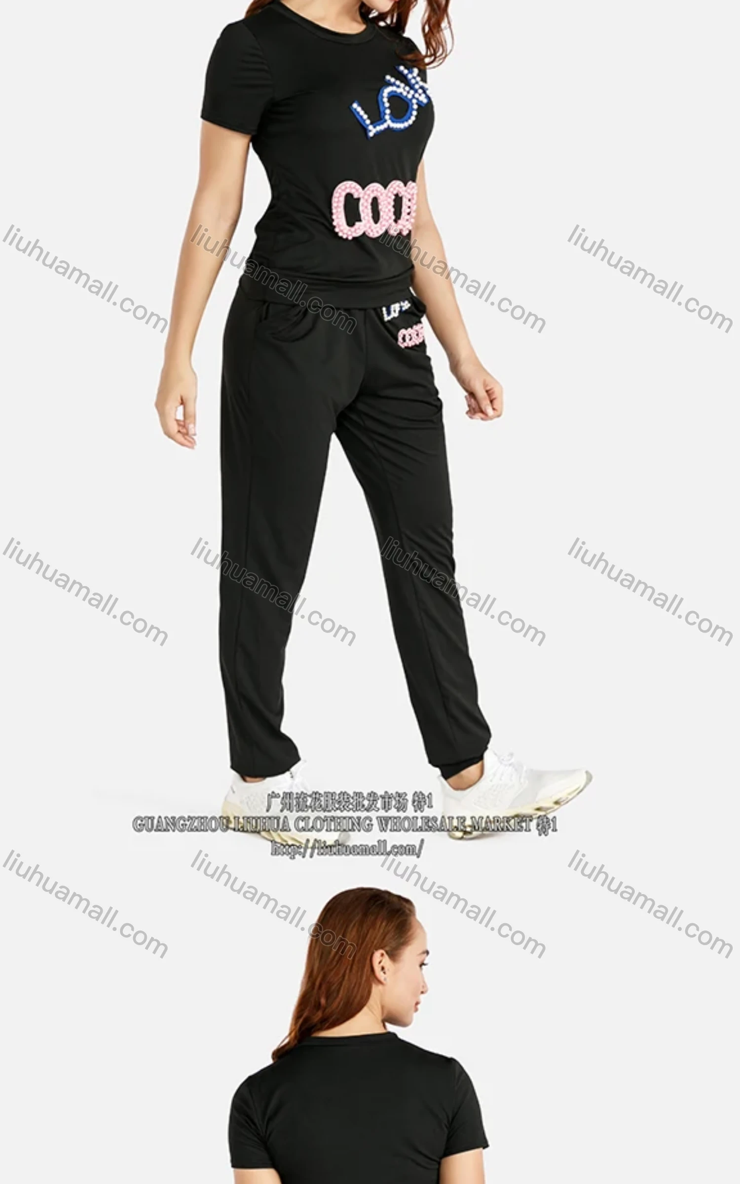 Wholesale Women's Casual Round Neck Tee & Pants With Beads Letter Detail Set - Liuhuamall