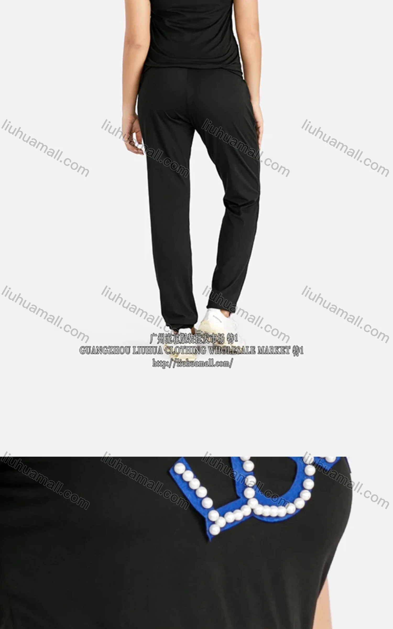 Wholesale Women's Casual Round Neck Tee & Pants With Beads Letter Detail Set - Liuhuamall