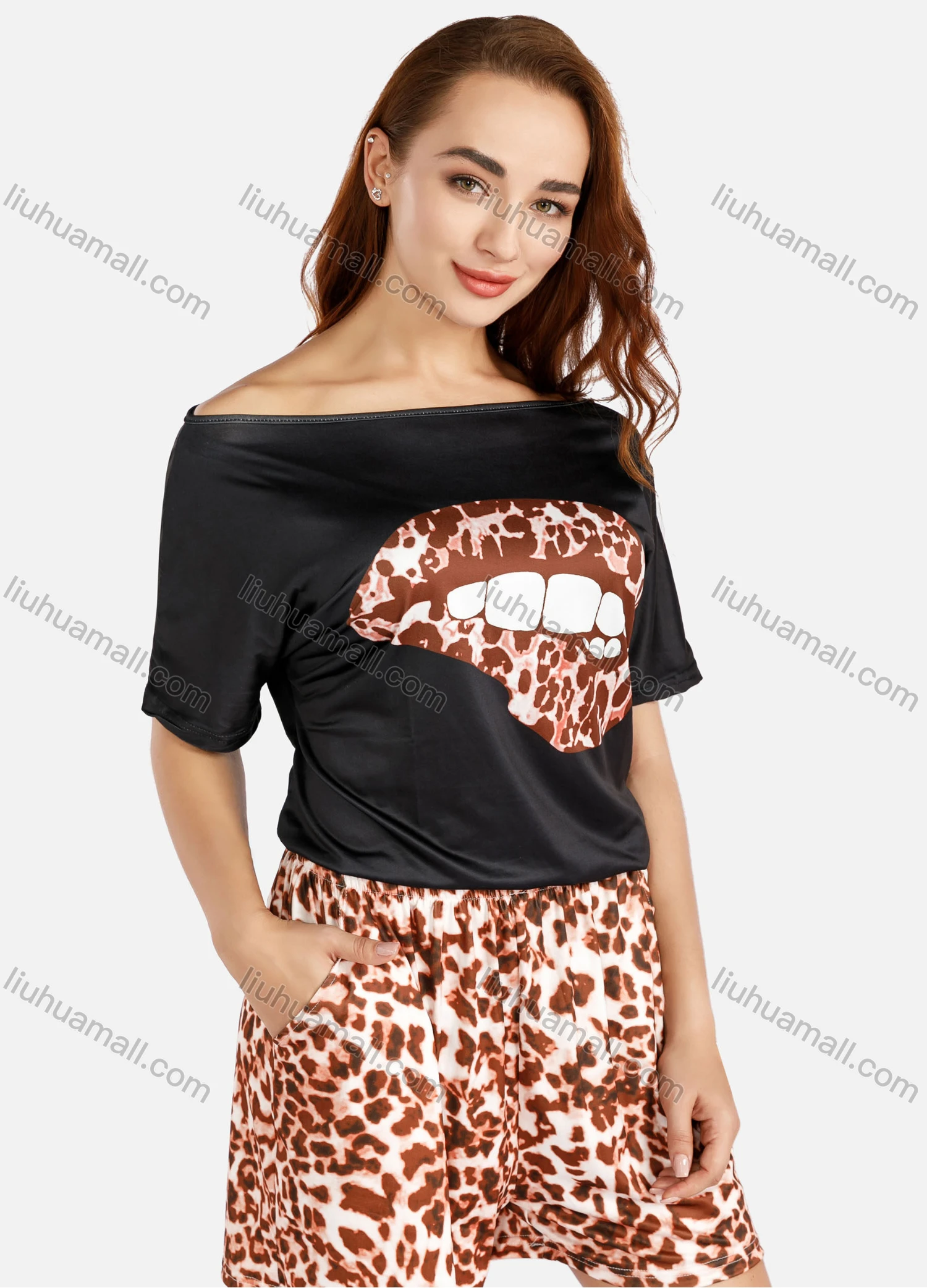 Wholesale Women's Summer Off Shoulder Tee&Allover Print Shorts Set - Liuhuamall