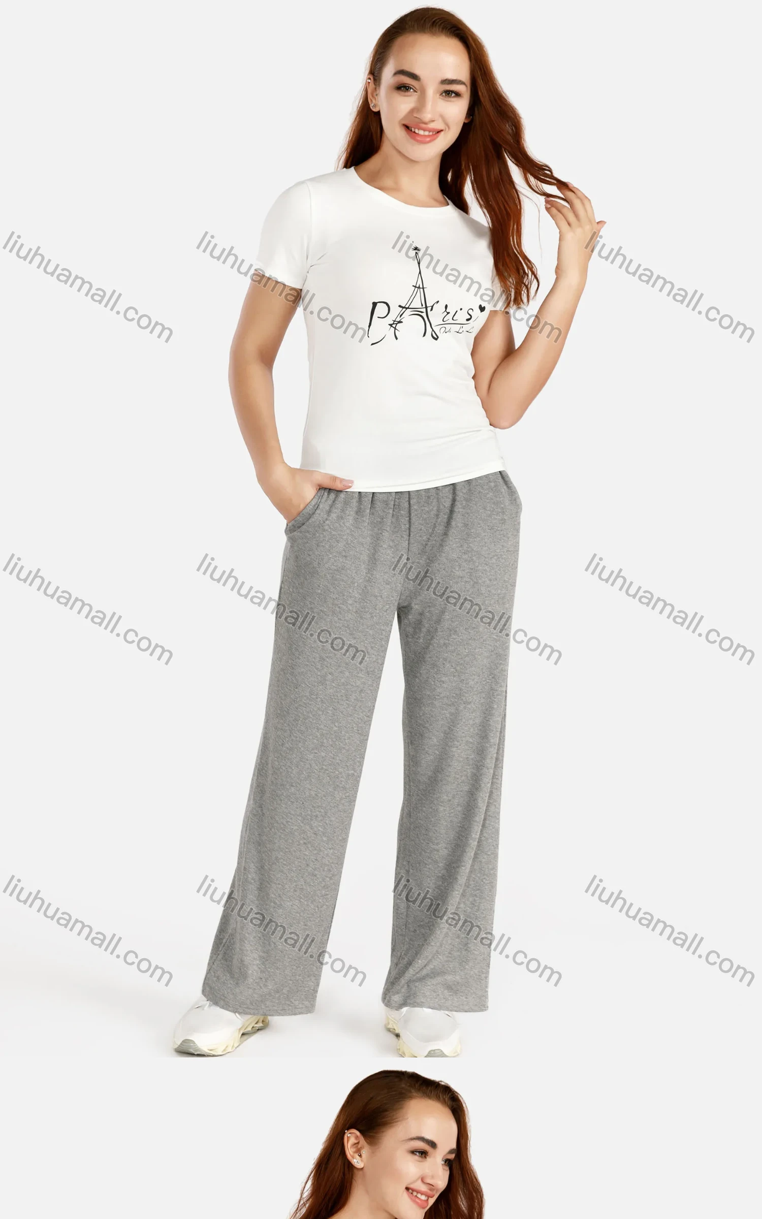 Wholesale Women's Summer Round Neck Letter Print Tee&Wide Leg Pants Set - Liuhuamall